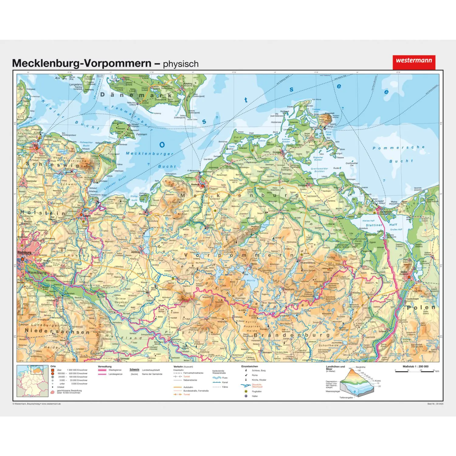 Wandkarte Mecklenburg-Vorpommern, phys./pol., 180 x 150 cm, 1:225 000, aus der Kategorie Alle Produkte