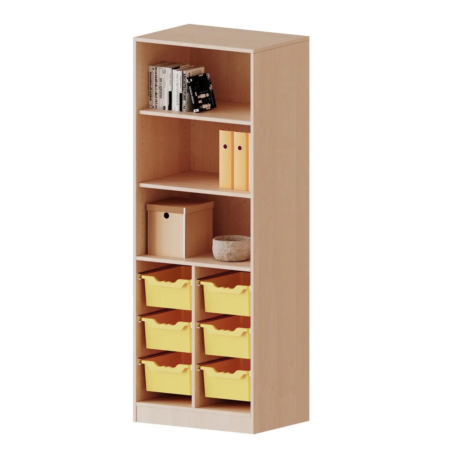 ErgoTray Regal, 2reihig, 5 OH, unten 6 hohe Boxen, oben 2 EB, B/H/T 70,3x190x40cm aus der Kategorie Klassenraumregale