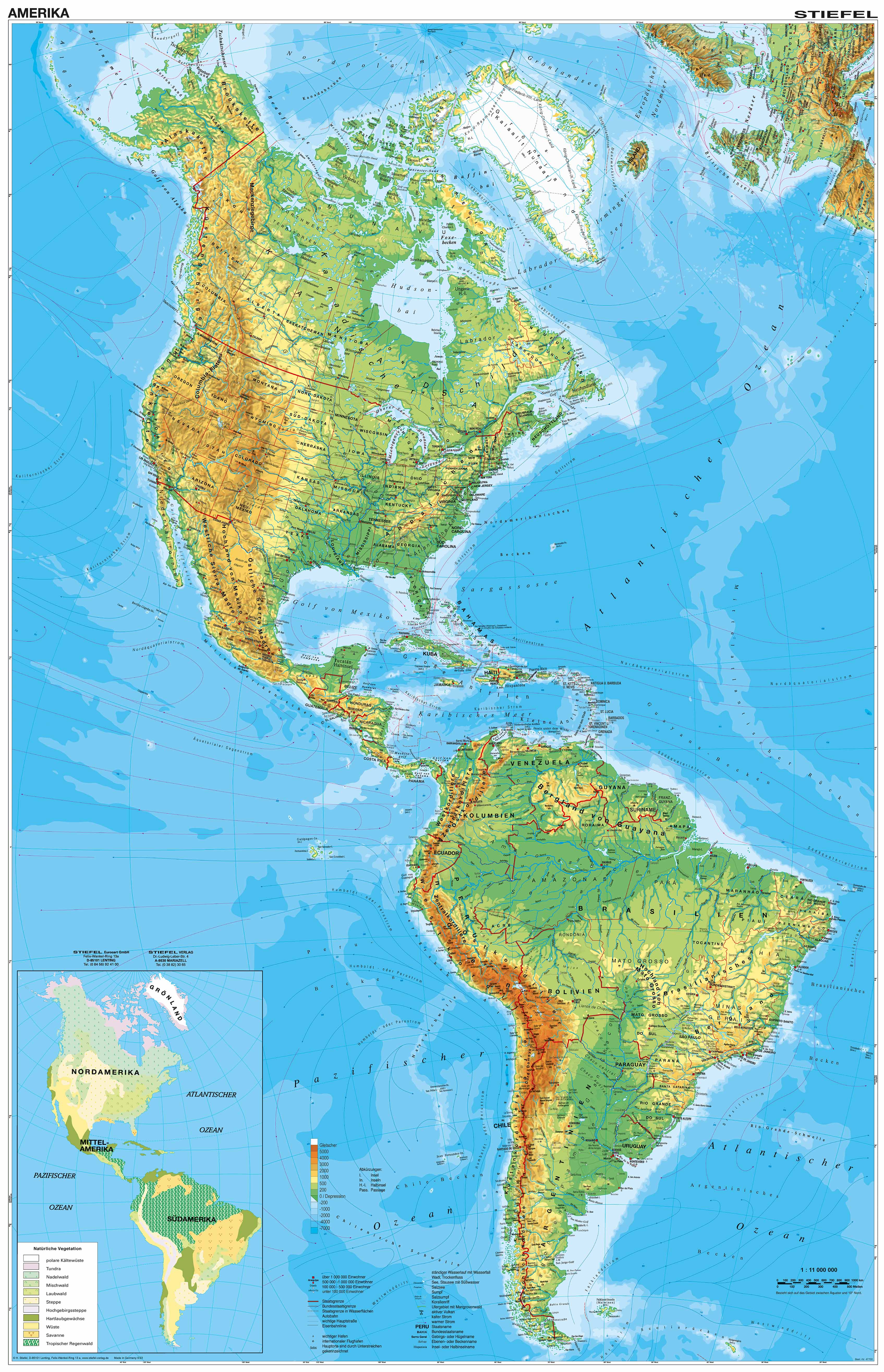 Wandkarte Amerika, Nord/Süd, physisch, 120x180 cm, aus der Kategorie Alle Produkte