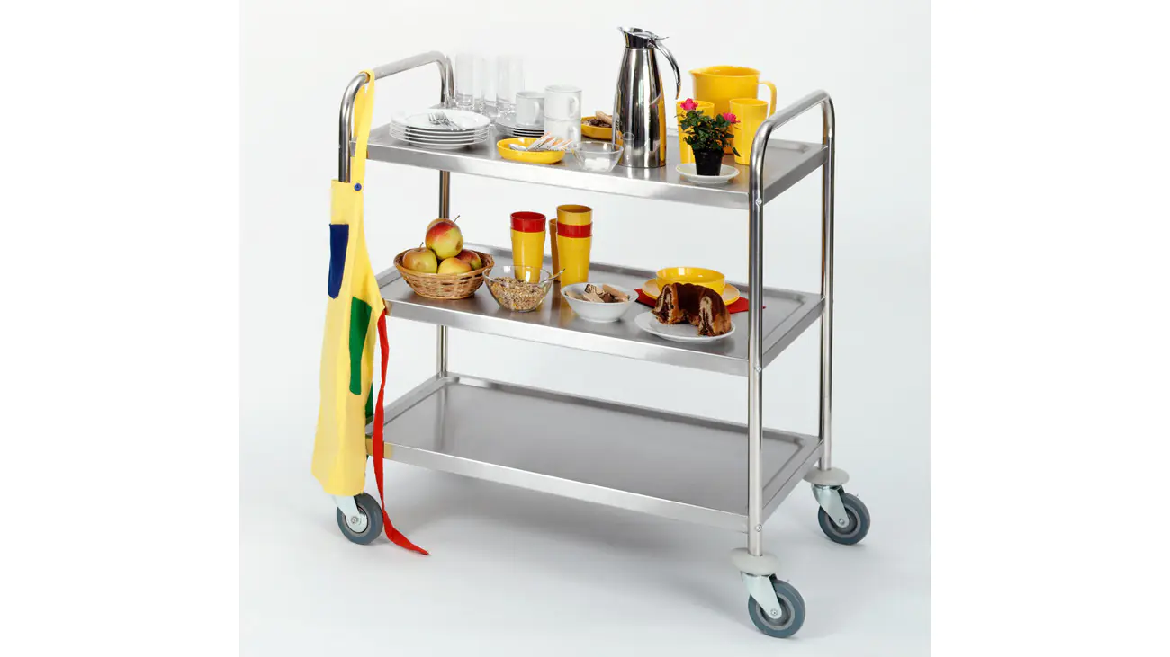 Servierwagen mit 3 Ebenen aus Stahl, B/H/T 86x94x54 cm, 4 Gummireifen, stabil, hitze- und säure-  aus der Kategorie Transportwagen