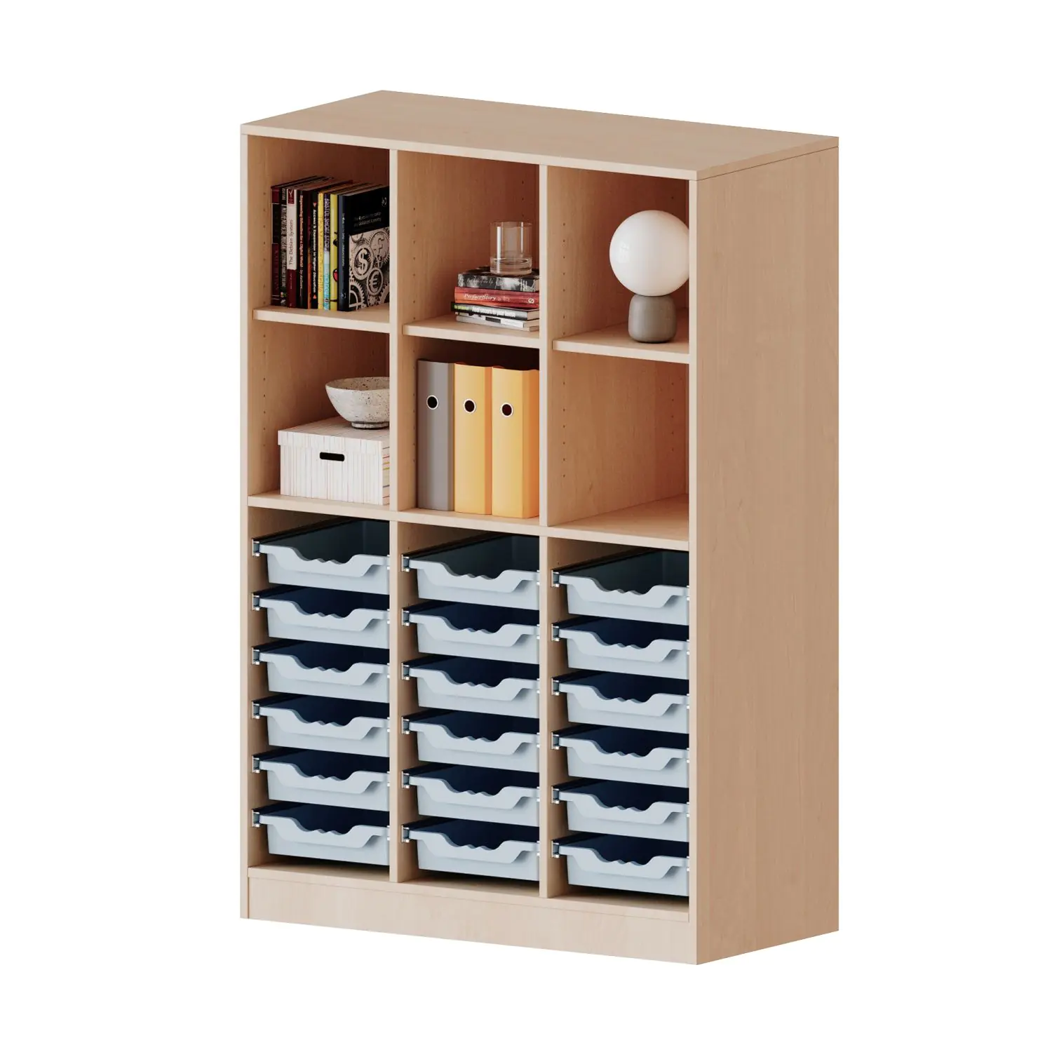 ErgoTray Regal, 3reihig, 4 OH,  unten 18 flache, oben 6 Fächer, B/H/T 104,5x154x50cm aus der Kategorie Klassenraumregale