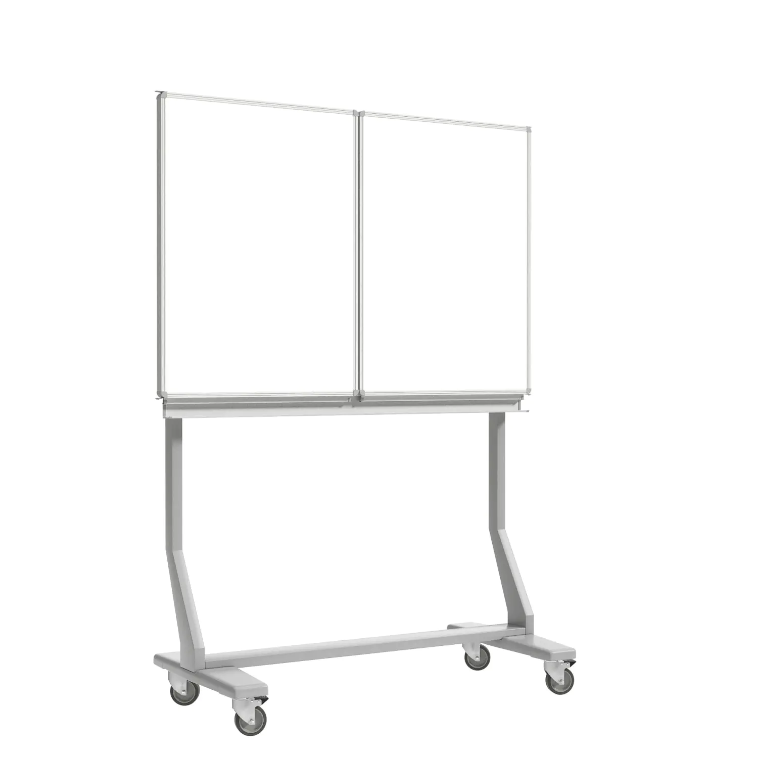 Klapp-Tafel fahrbar, Mittelfläche 150x100 cm, Flügel  75x100 cm, Stahl weiß, aus der Kategorie fahrbare Klapp-Tafeln