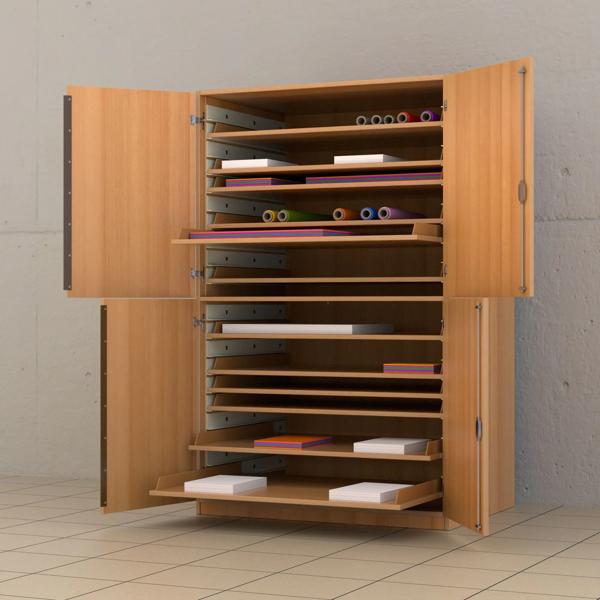 Papierschrank, 166 cm hoch, 111x81 cm (B/T), 12 Schubladen, 4 Türen, aus der Kategorie Bilderaufbewahrung