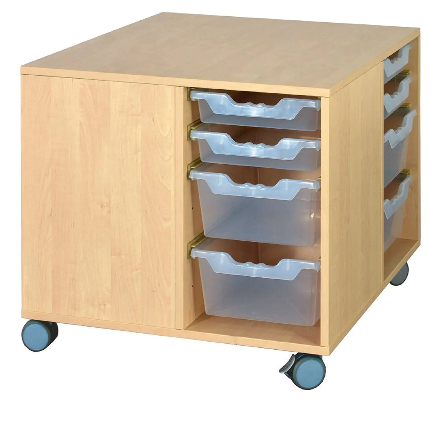 Bau- und Spielinsel, mit 8 flachen und 8 hohen ErgoTray-Boxen aus der Kategorie Kreativ + Spiel
