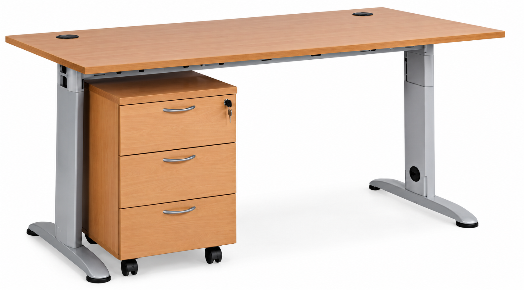Schreibtisch 160 x 80 cm manuell höhenverstellbar inklusive Rollcontainer mit 3 Schubladen in Buche  aus der Kategorie Hauptnavigation