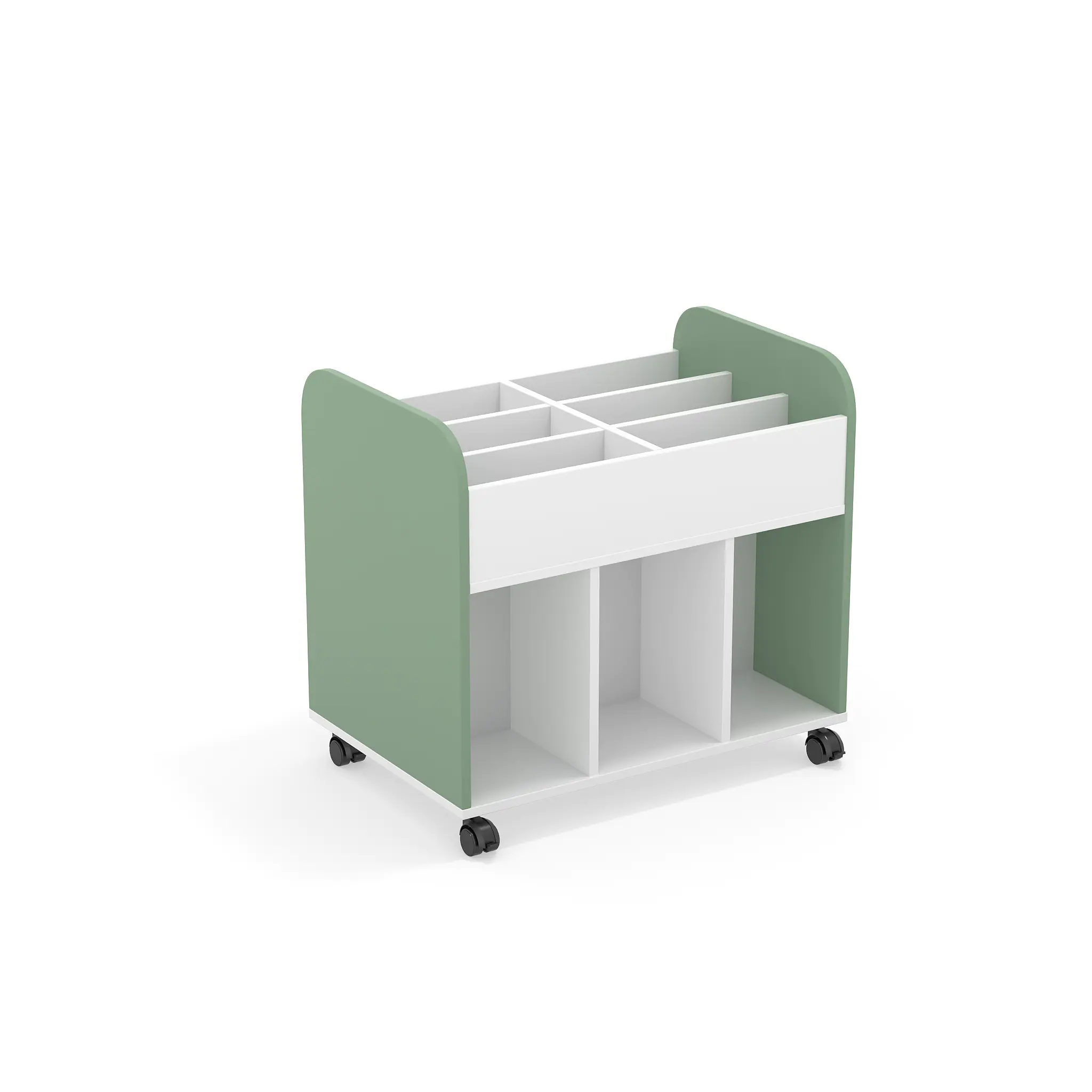Bücherwagen, 77,5 cm hoch, B/T 84,0 x 56, cm, fahrbar, beideseitig nutzbar, Seitenblende Mintgrün, aus der Kategorie Regale