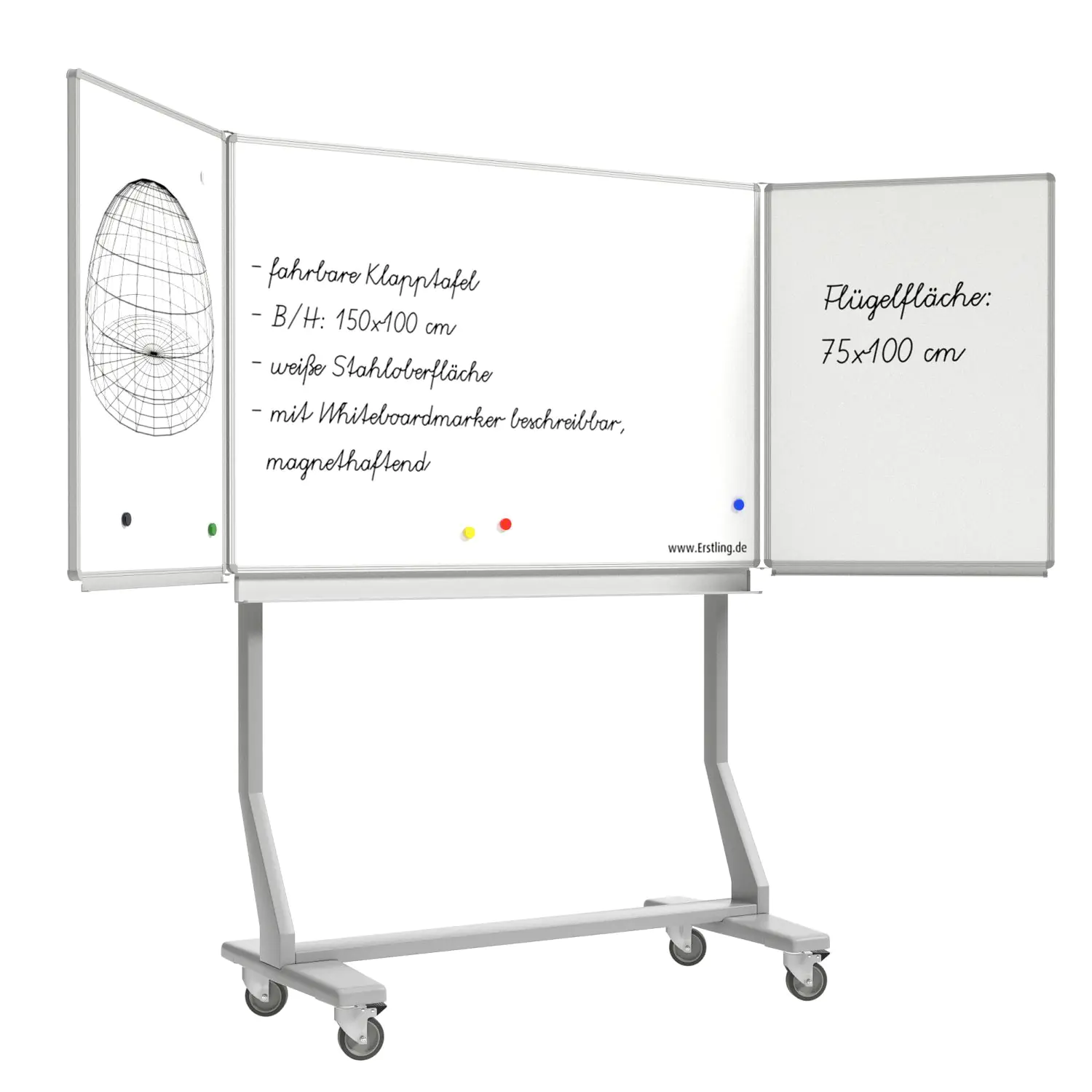 Klapp-Tafel fahrbar, Mittelfläche 150x100 cm, Flügel  75x100 cm, Stahl weiß, aus der Kategorie fahrbare Klapp-Tafeln