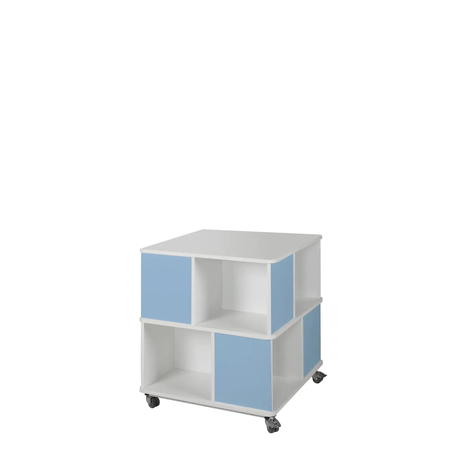 Bücherturm, 85 cm hoch,  75x75 cm (B/T), mit 2 Ebenen und 8 Fächern, 2 farbig aus der Kategorie Bibliotheksinseln