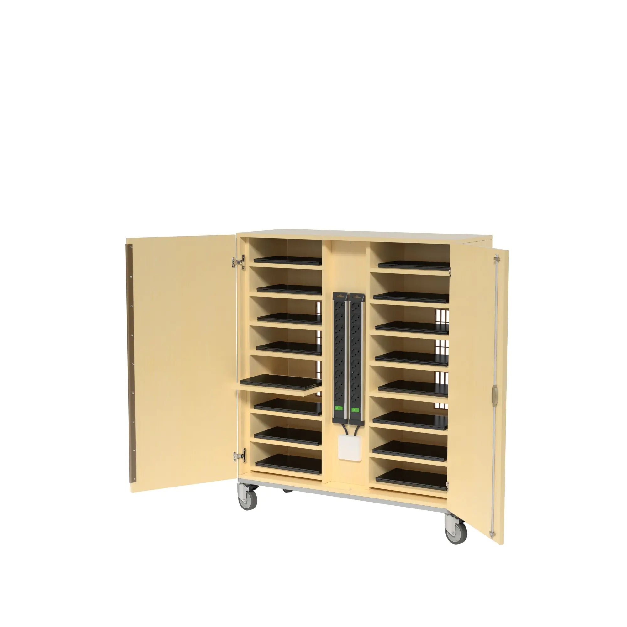 Notebook-Ladestation, 125 cm hoch, 110x42 cm (B/T), fahrbar, aus der Kategorie Notebookschränke