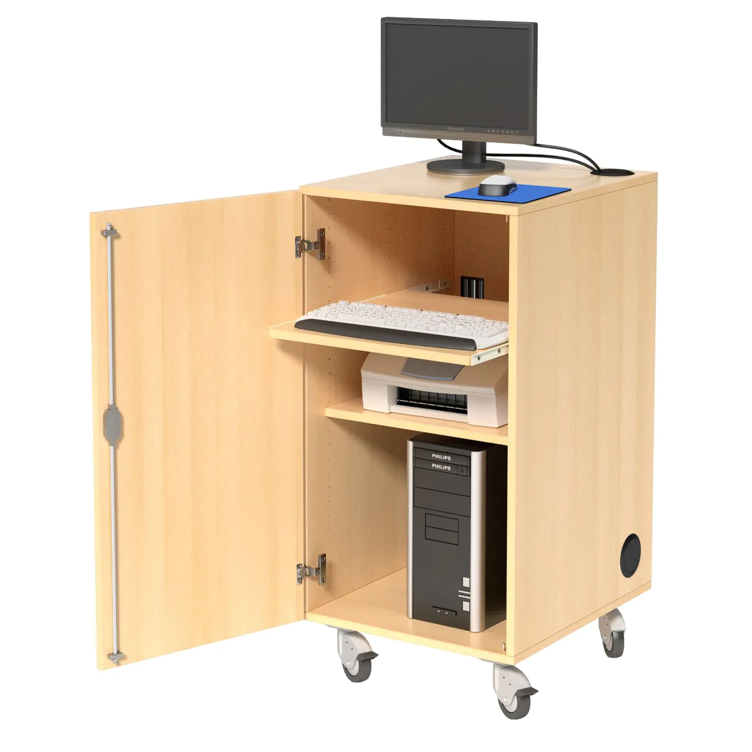 Medienschrank, fahrbar, 105 cm hoch, 54x62 cm (B/T), 1 Rollzug, 1 Boden, E-Anschluss aus der Kategorie Medienschränke