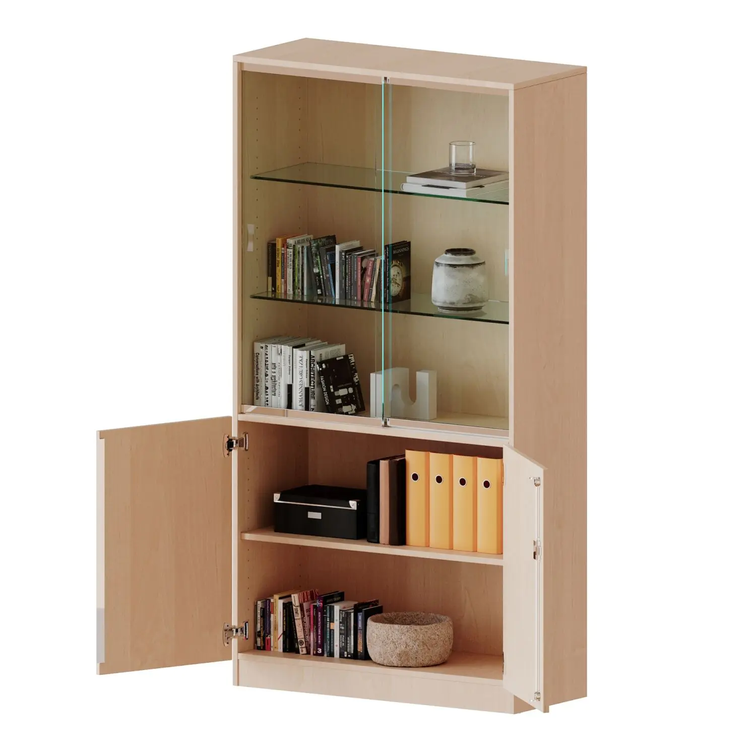 Kombischrank, 5 OH, Drehtüren unten (2OH), Glasschiebetüren oben (3 OH,) B/H/T 100x190x60cm aus der Kategorie Schränke allgemein