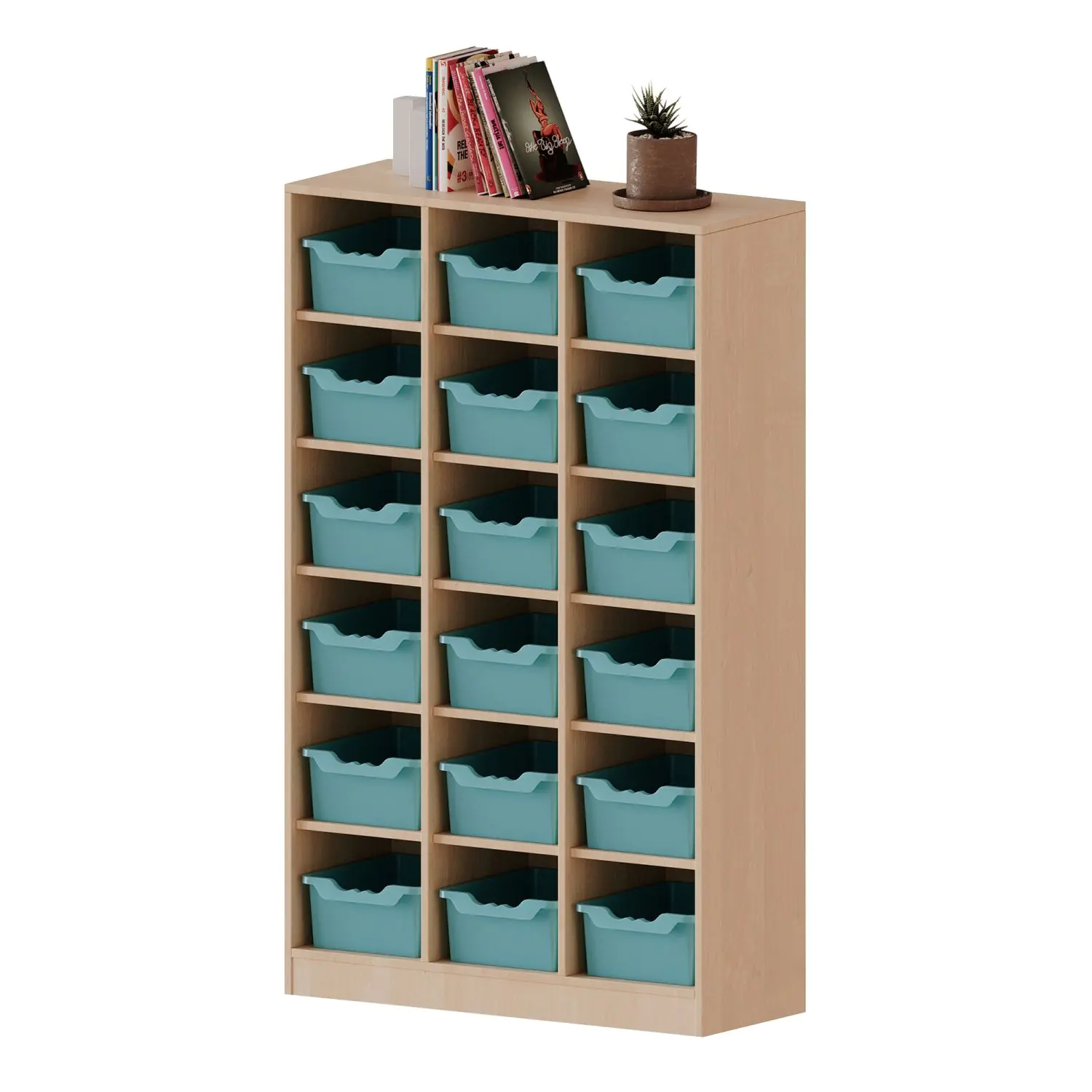 Taschenregal, 4,5 OH, 18 halbhohe Fächer, je mit einer hohen Box, B/H/T 104,5x172x40cm aus der Kategorie Kita - & Schulmöbel