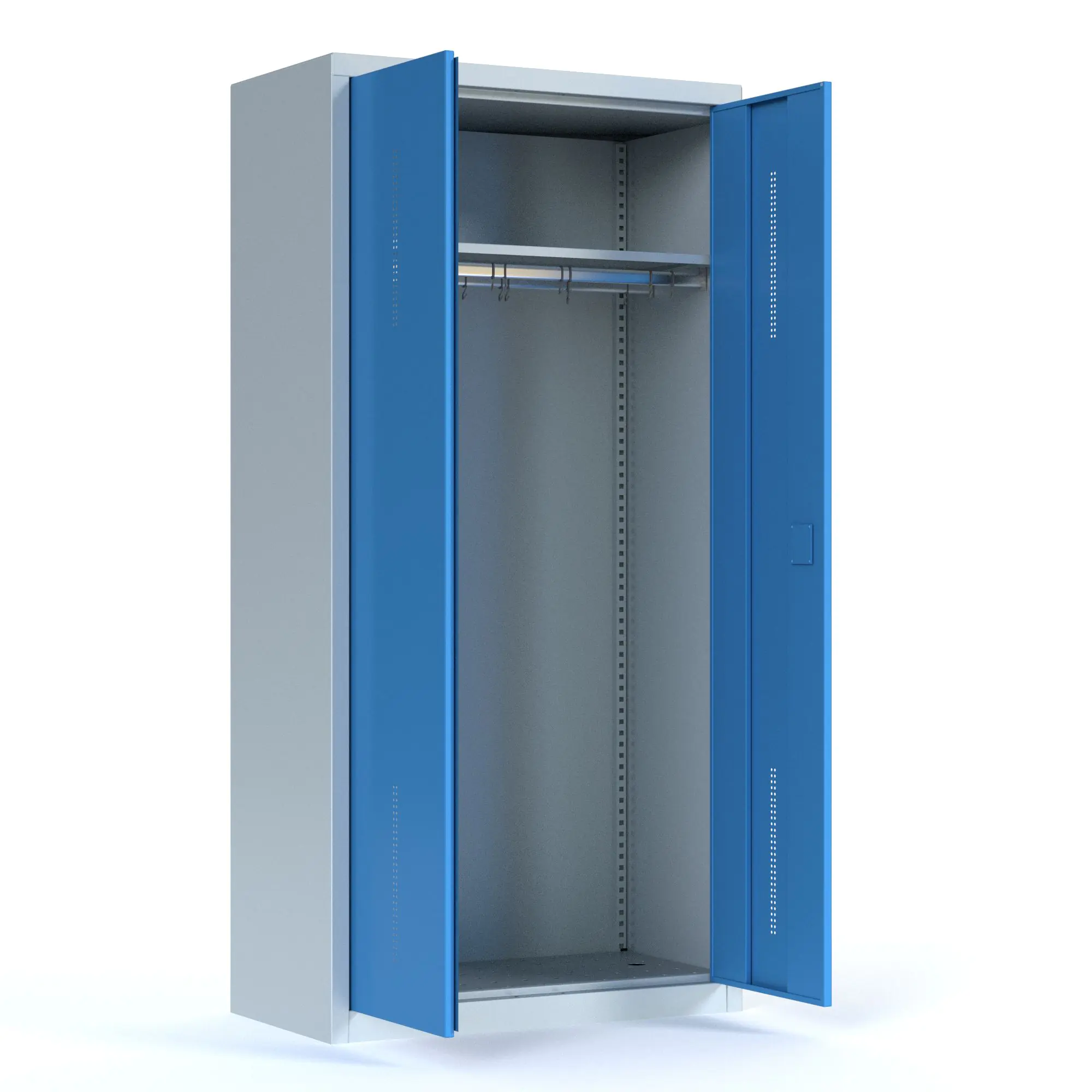 Garderobenschrank aus Stahl, 195 cm hoch,  95x50 cm (B/T), 1 Kleiderstange, 14 Haken