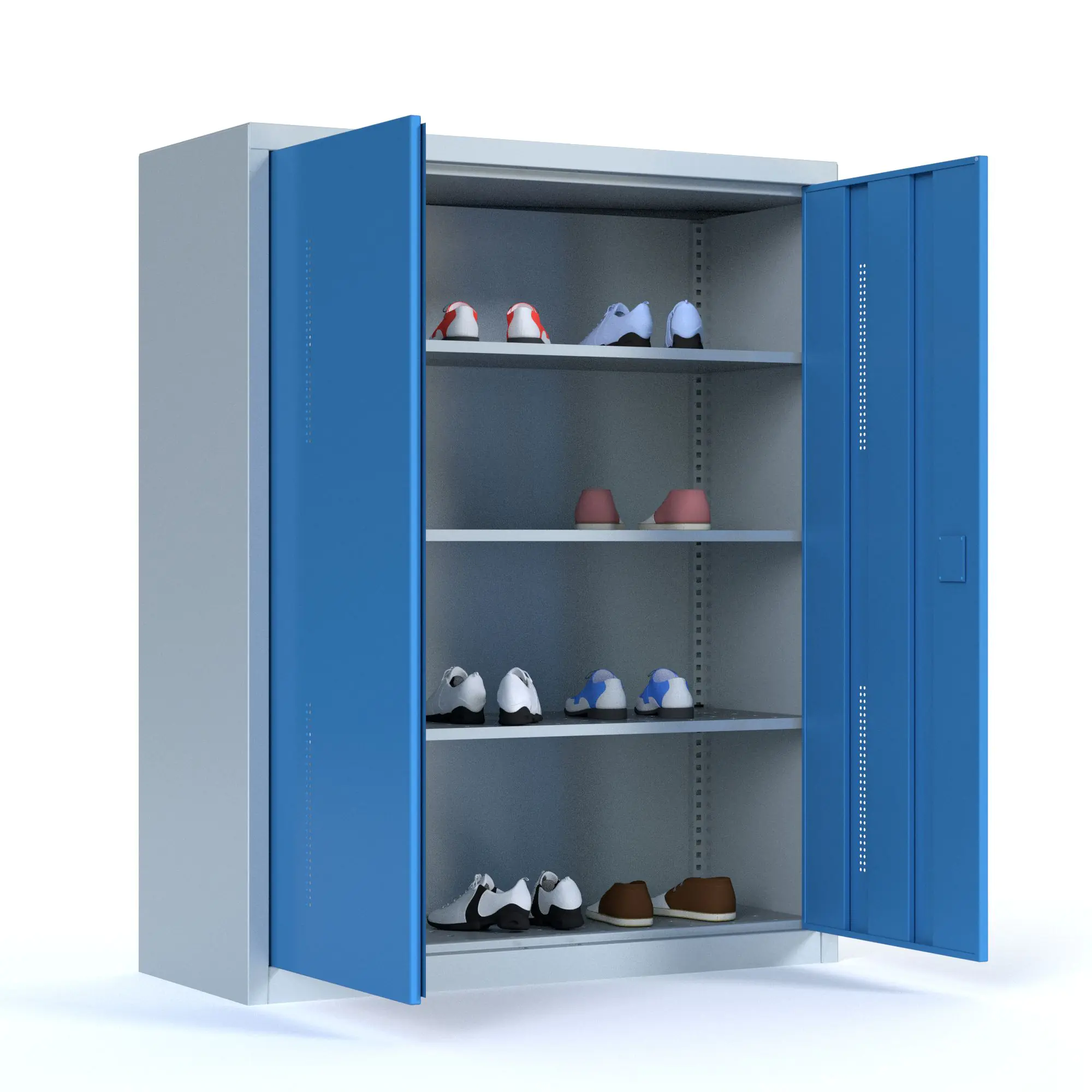 Schuhschrank aus Stahl, 150 cm hoch, 120x40 cm (BxT), Dreh-Türen, aus der Kategorie Taschen- & Schuhaufbewahrung 