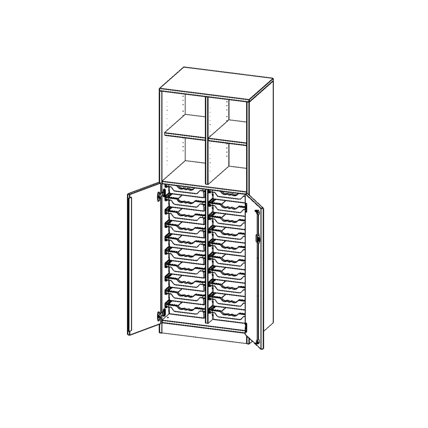 ErgoTray Kombi-Schrank, 2reihig, 3OH unten Türen, 20 flache Boxen, oben 2OH Regal,B/H/T70,3x190x50cm aus der Kategorie Klassen- und Schulschränke