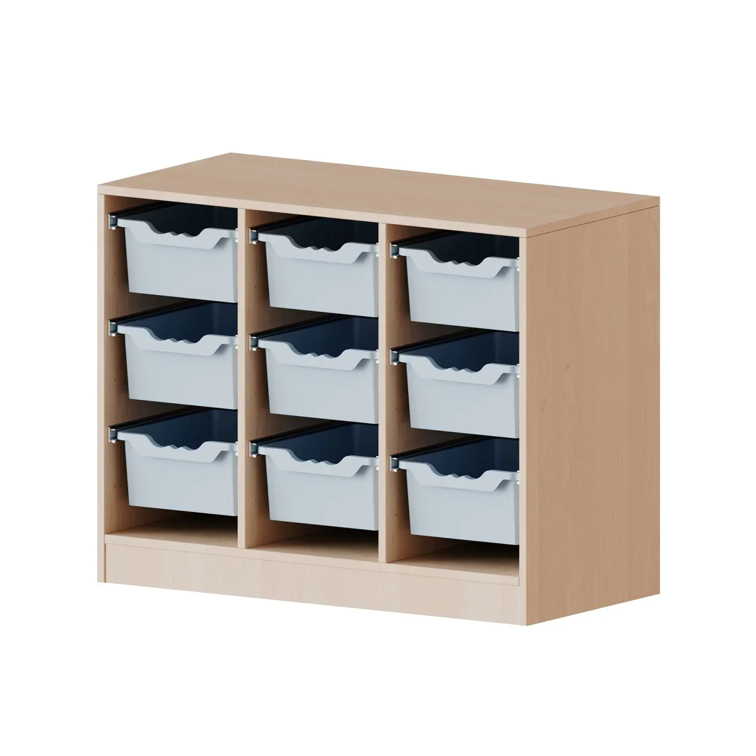 ErgoTray Regal, 3reihig, 2 OH, mit Möbelstellfüßen, 9 hohe Boxen, B/H/T 104,5x82x40cm aus der Kategorie Klassenraumregale