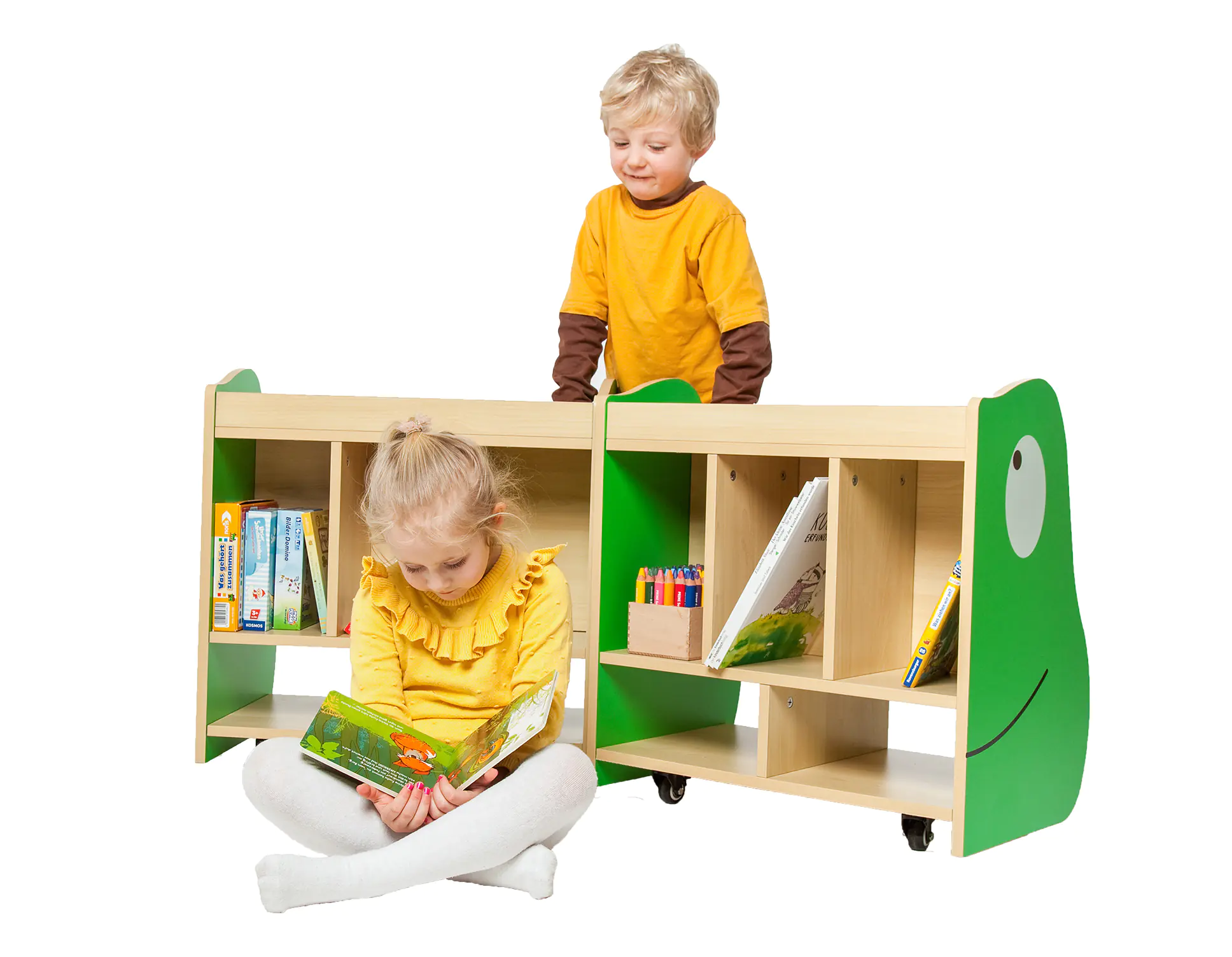 Wisdom Frosch | Bücherkiste mobil klappbar | 60 x 74 x 60 cm | Holz aus der Kategorie Rollwagen & Transportwagen