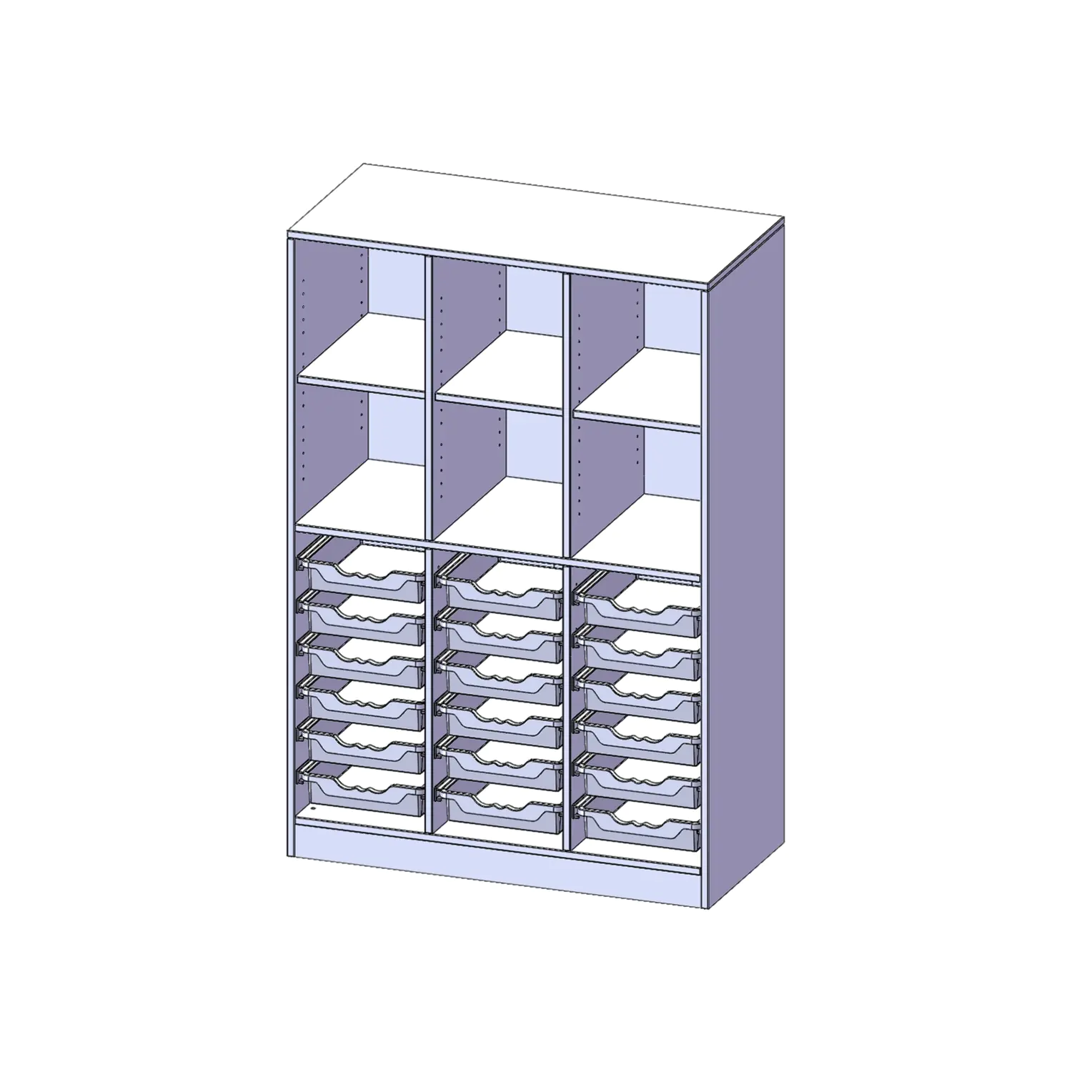 ErgoTray Regal, 3reihig, 4 OH,  unten 18 flache, oben 6 Fächer, B/H/T 104,5x154x50cm aus der Kategorie Klassenraumregale