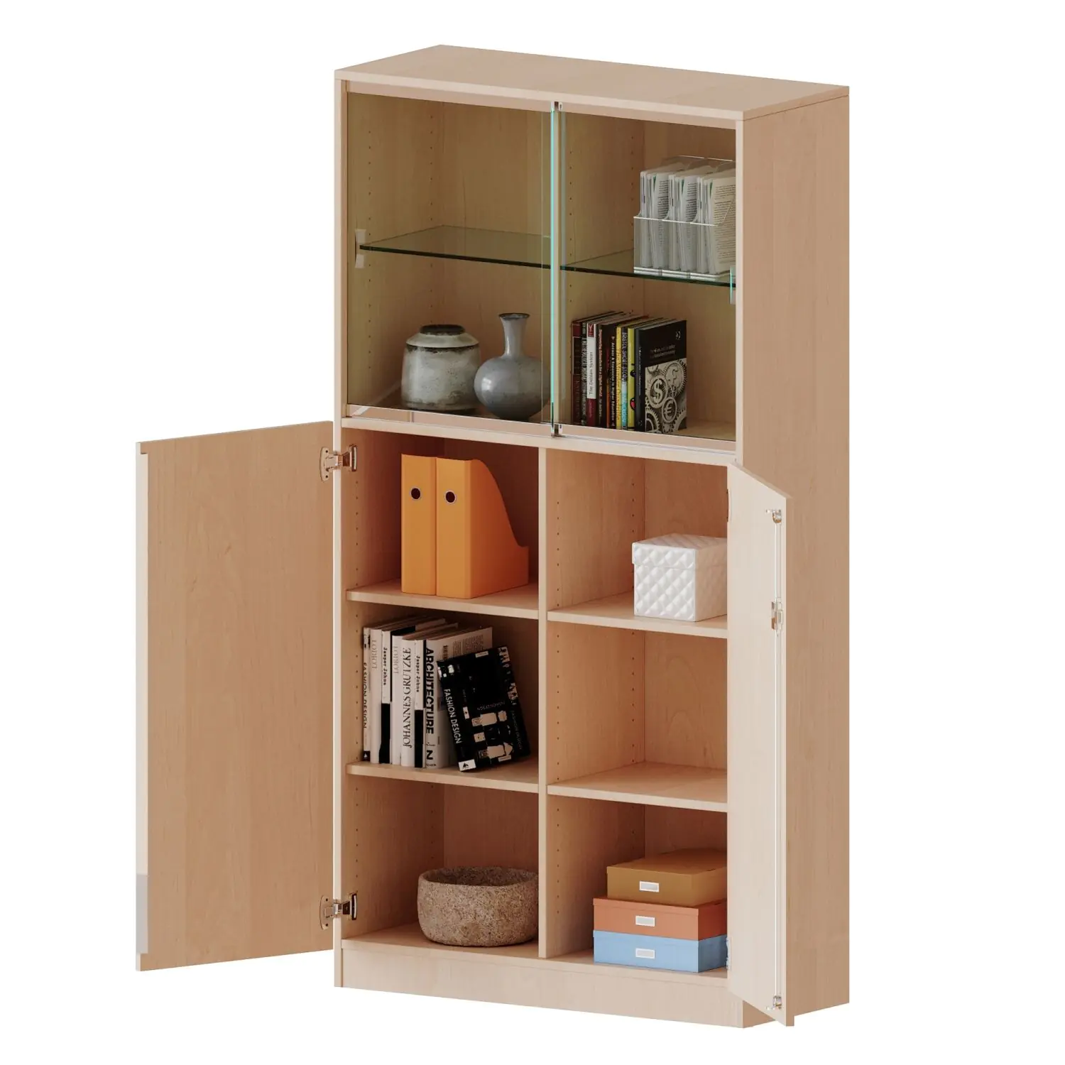 Kombischrank, 5 OH, Drehtüren unten (3OH), Glasschiebetüren oben (2 OH,) B/H/T 100x190x50cm aus der Kategorie Schränke allgemein