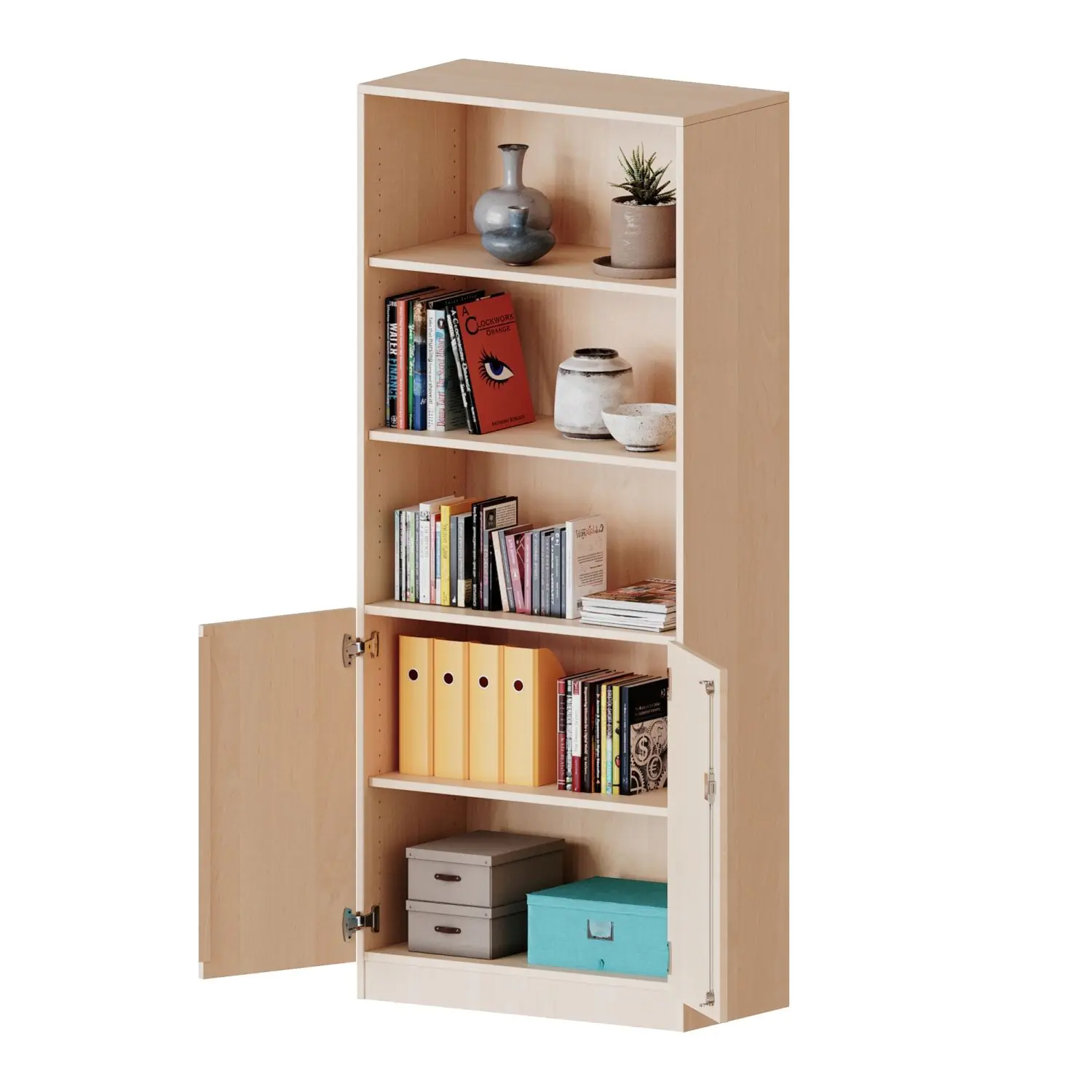Schrank, 5 OH, Türen unten (2OH), oben 3 offene Fächer 2 Türen, abschließbar, B/H/T 80x190x60cm aus der Kategorie Klassen & Schulschränke