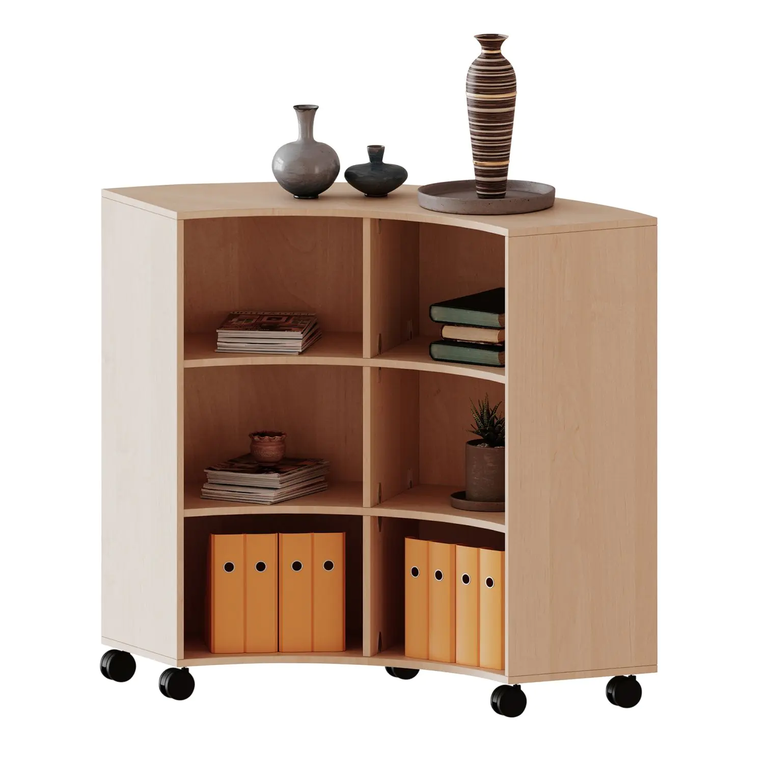 Fahrbares Viertelkreisregal, verschiedene OH, Rückwand aus Plexiglas, B/H/T 139,6x118x40cm aus der Kategorie Regale allgemein