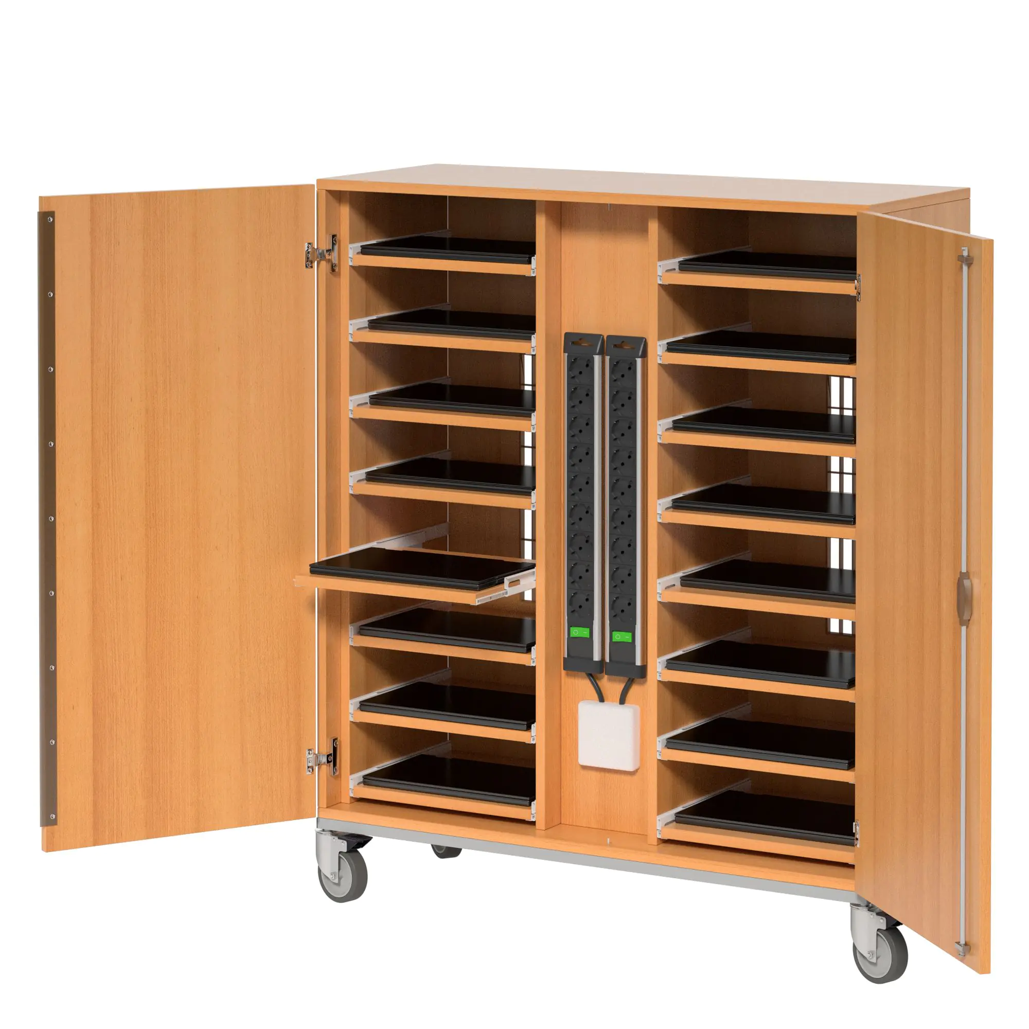 Notebook-Ladestation, 125 cm hoch, 110x42 cm (B/T), fahrbar, aus der Kategorie Notebookschränke