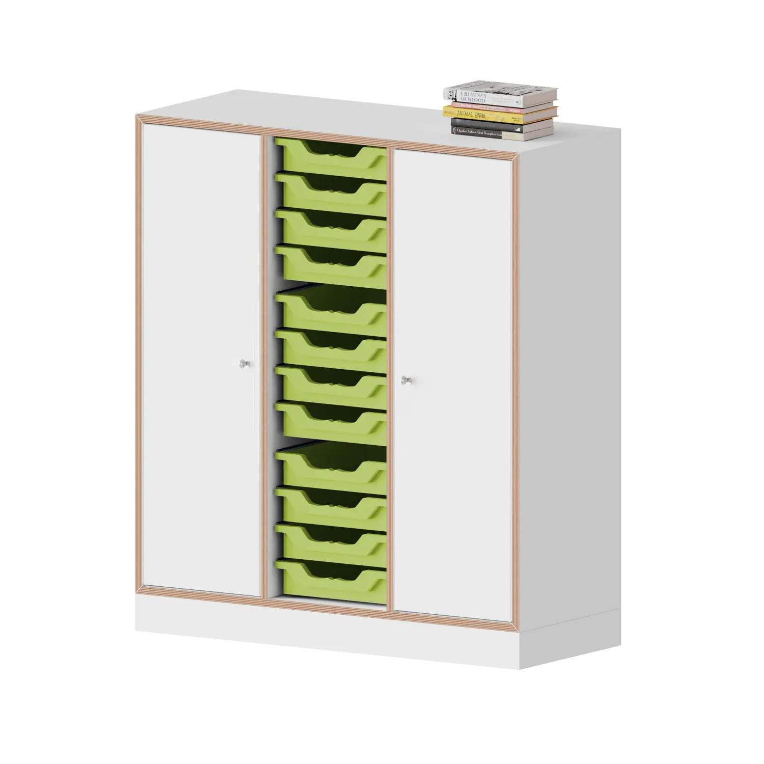 qickly® Schrank, 3 OH, 2 Türen mit Schloss, 12 kleine Ergo Tray Boxen, B/H/T: 104,2x110,5x42,6 cm aus der Kategorie Schränke Schnelllieferprogramm