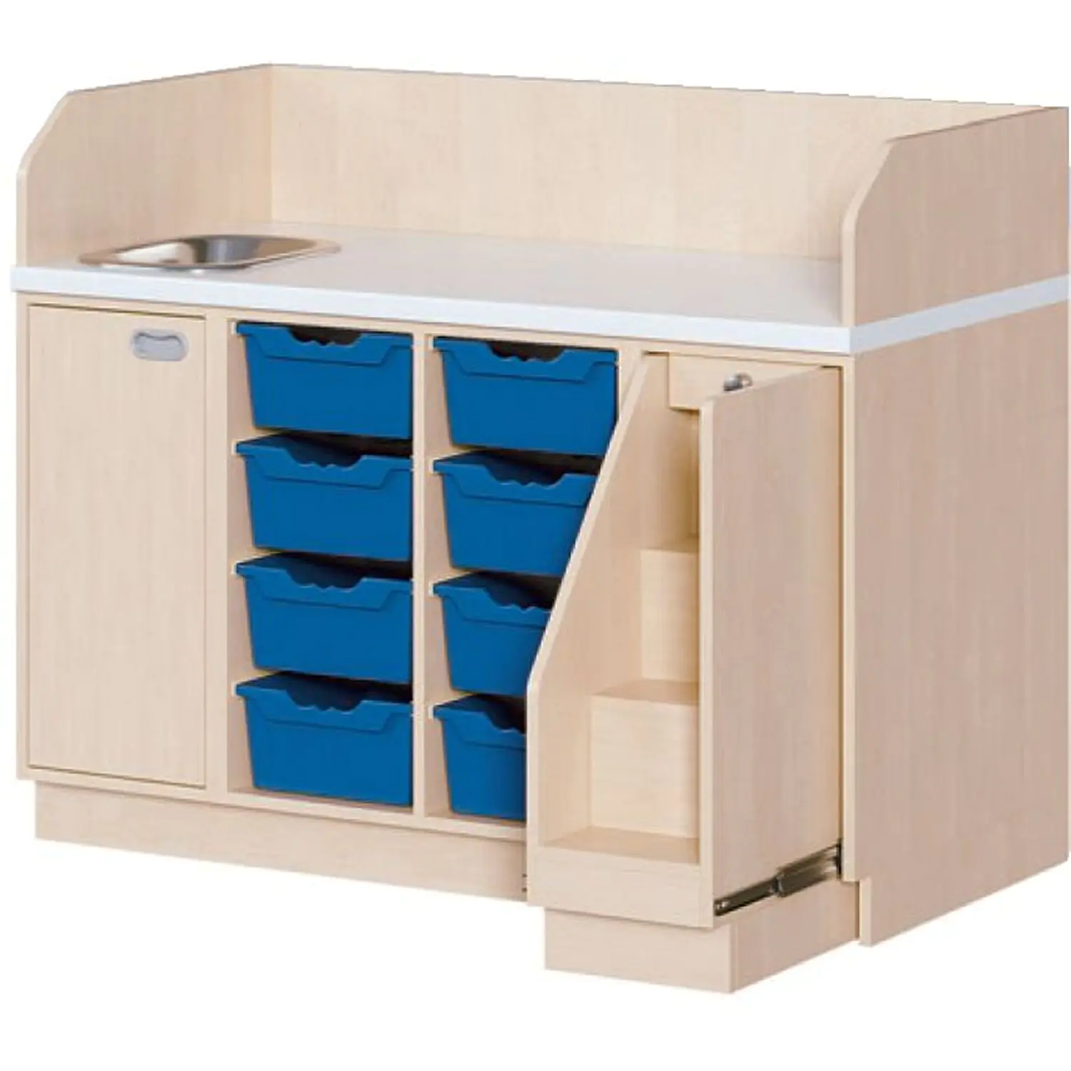 Wickelkommoden mit ausziehbarer Treppe rechts, 8 hohen ErgoTray Boxen aus der Kategorie Wickeltische