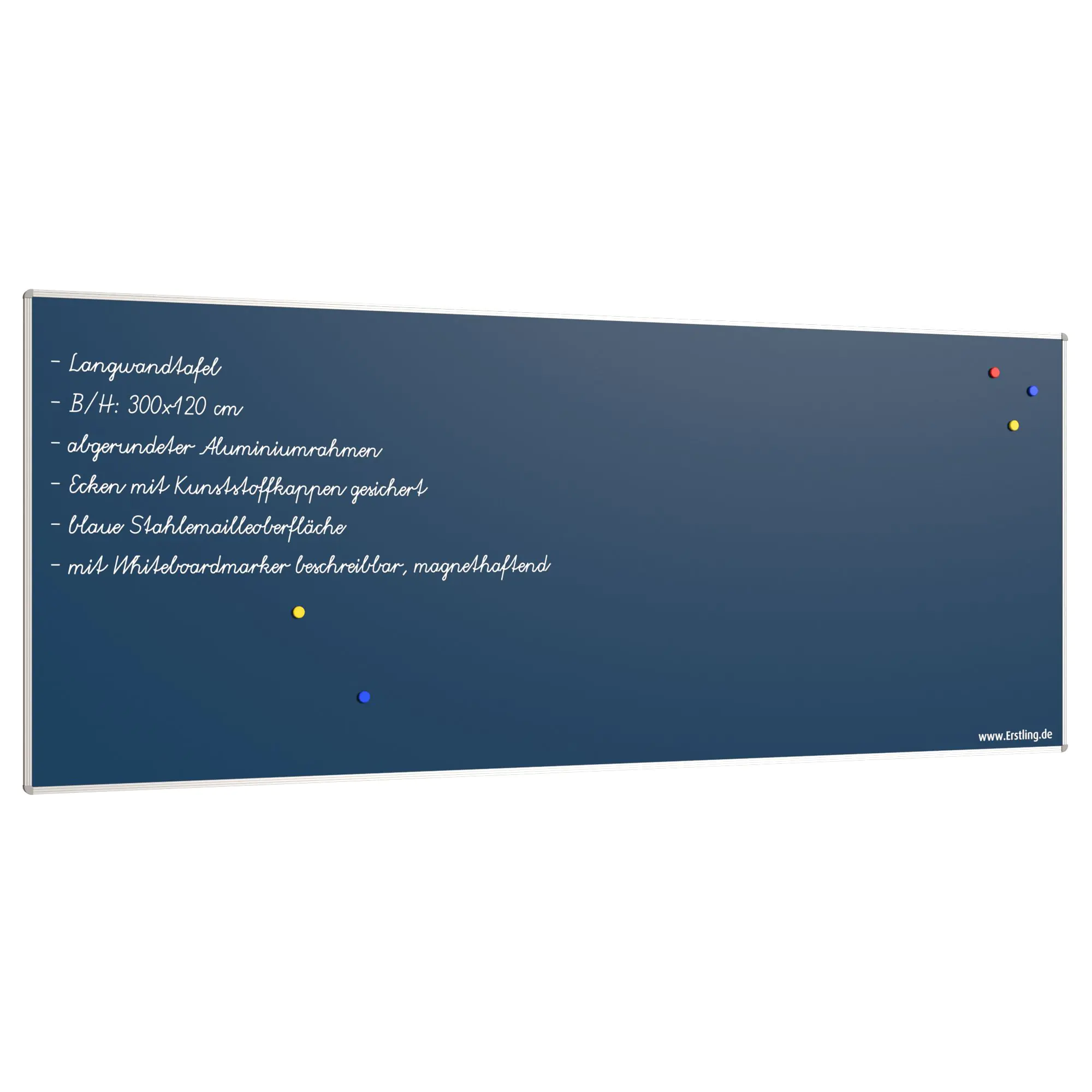 Wandtafel Stahlemaille blau, 300x120 cm, ohne Kreideablage, aus der Kategorie Wandtafeln Blau