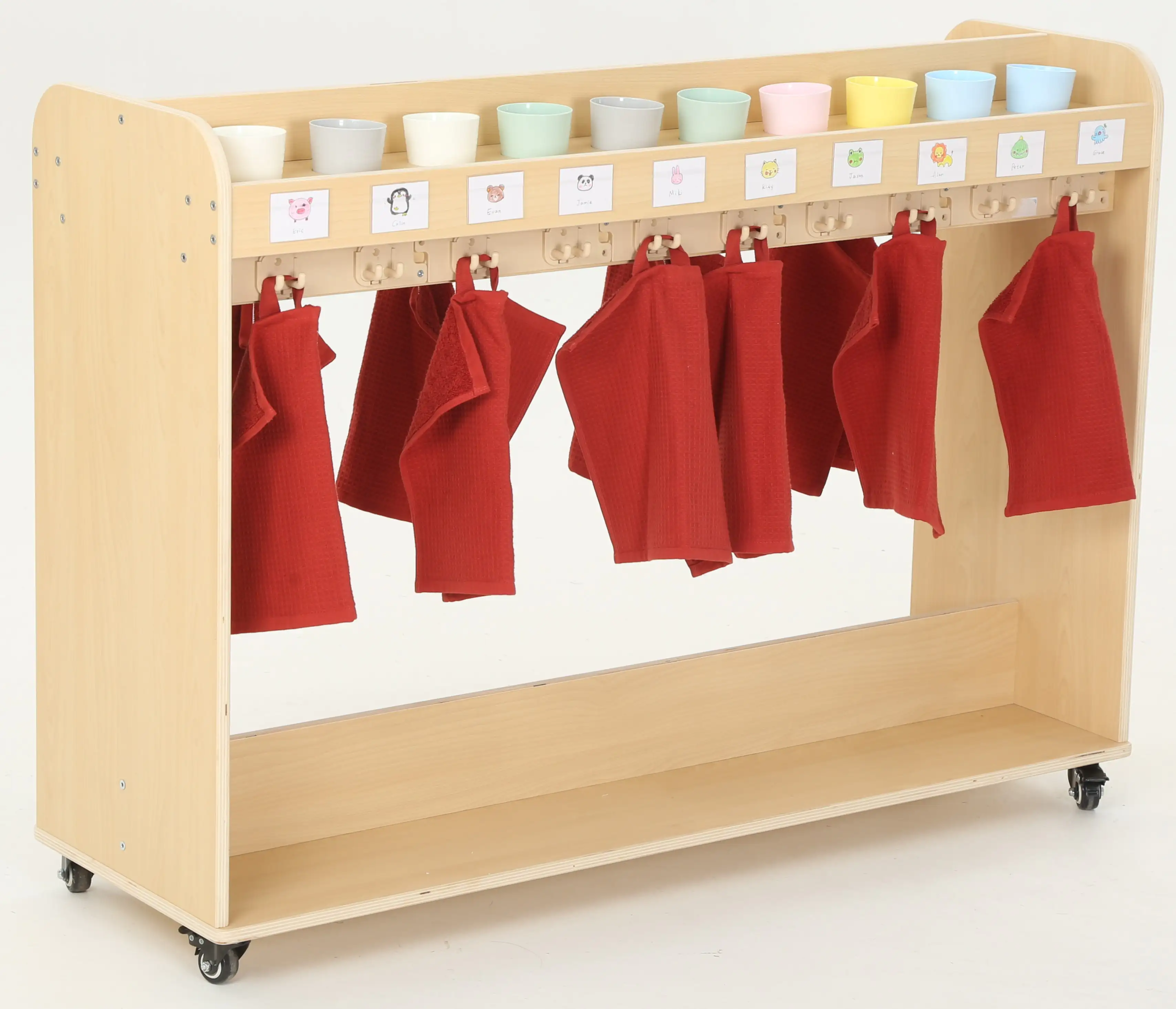 Waschraumwagen 20 Becher-Halterungen (ø 64 mm), B/H/T: 39 x 86 x 120 cm, Multiplex-Ahorn Dekor aus der Kategorie Hygieneartikel