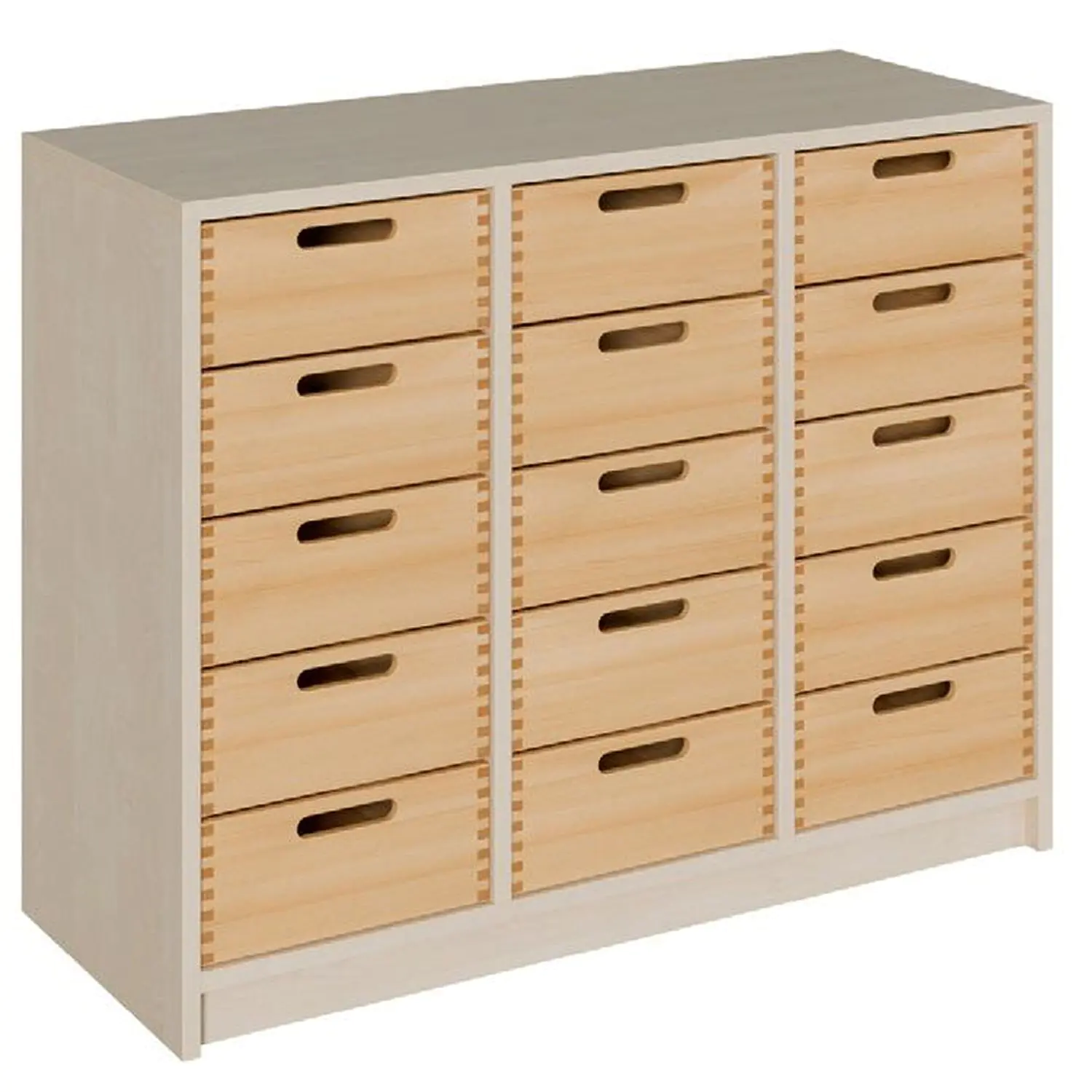 Schrank mit 15 Massivholzschüben ohne Sichtfenster, breit aus der Kategorie Regale mit Materialkästen