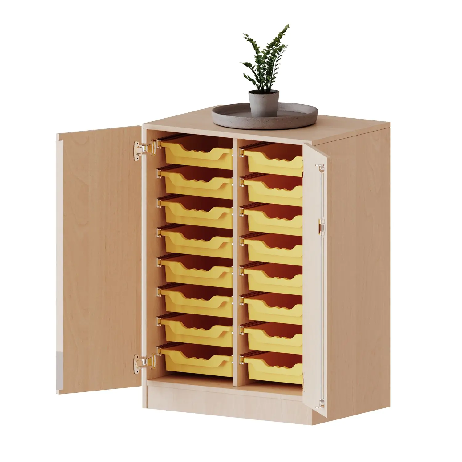 ErgoTray Schrank, 2reihig, 2,5 OH, zweitürig, fahrbar, mit 16 flachen Boxen, B/H/T 70,3x100x50cm aus der Kategorie ErgoTray