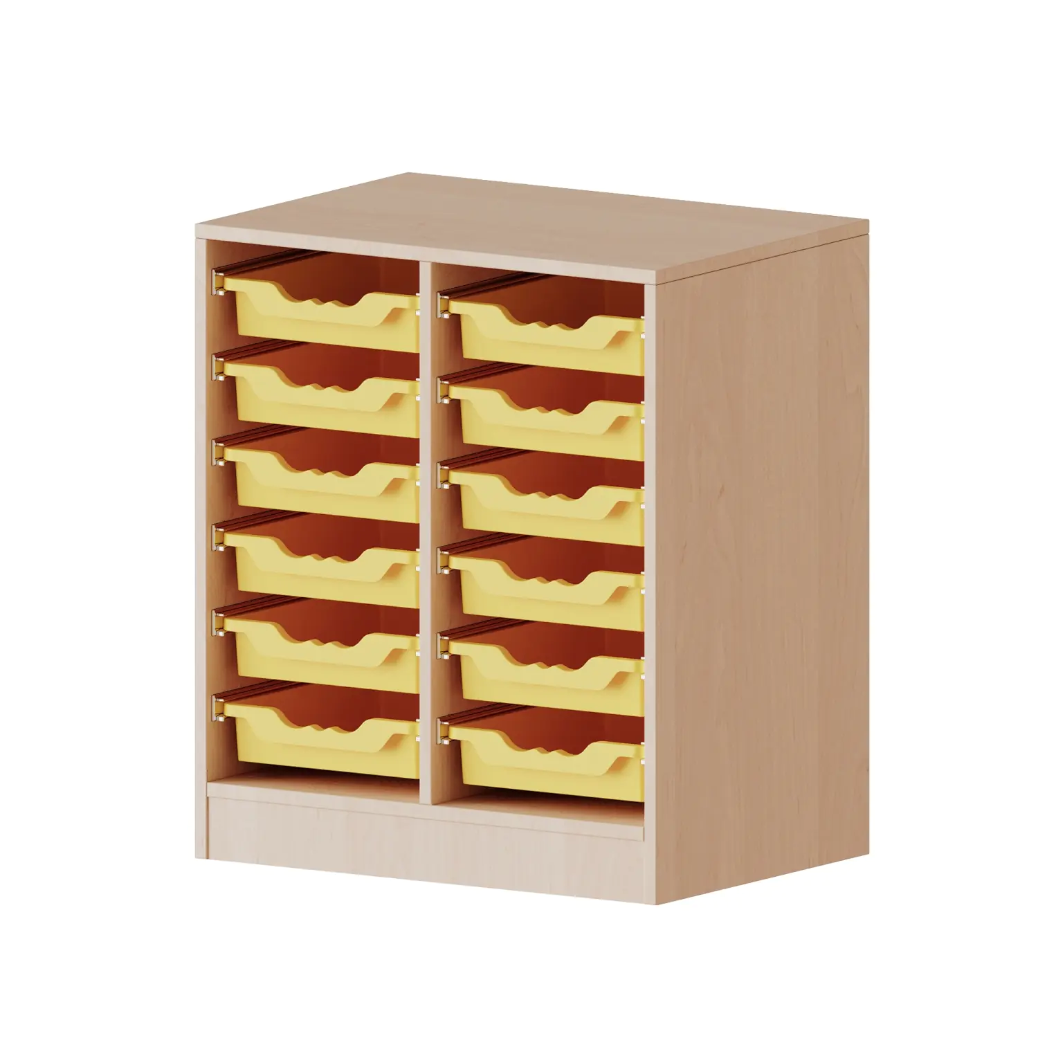 ErgoTray Regal, 2reihig, 2 OH, mit Möbelstellfüßen, 12 flache Boxen, B/H/T 70,3x82x50cm aus der Kategorie Klassenraumregale