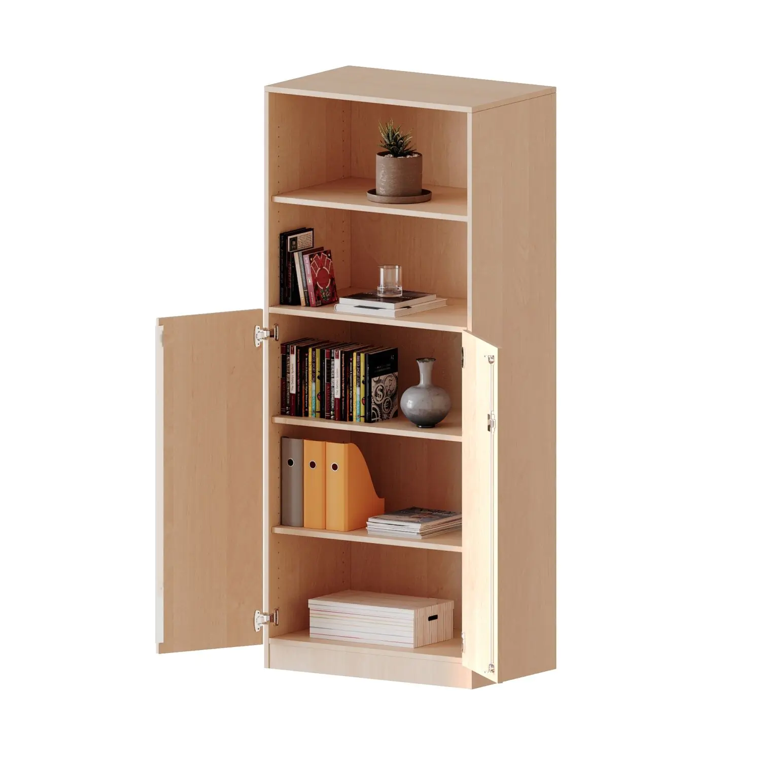 Schrank, 5 OH, Türen unten (3OH), oben 2 offene Fächer 2 Türen, abschließbar, B/H/T 80x190x50cm aus der Kategorie Klassen & Schulschränke