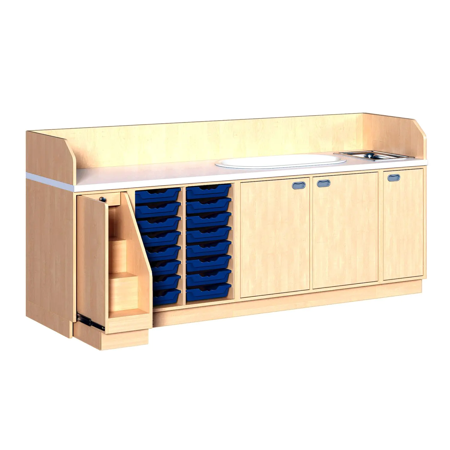 Wickelkommoden mit ausziehbarer Treppe rechts, 16 flachen ErgoTray Boxen aus der Kategorie Wickeltische