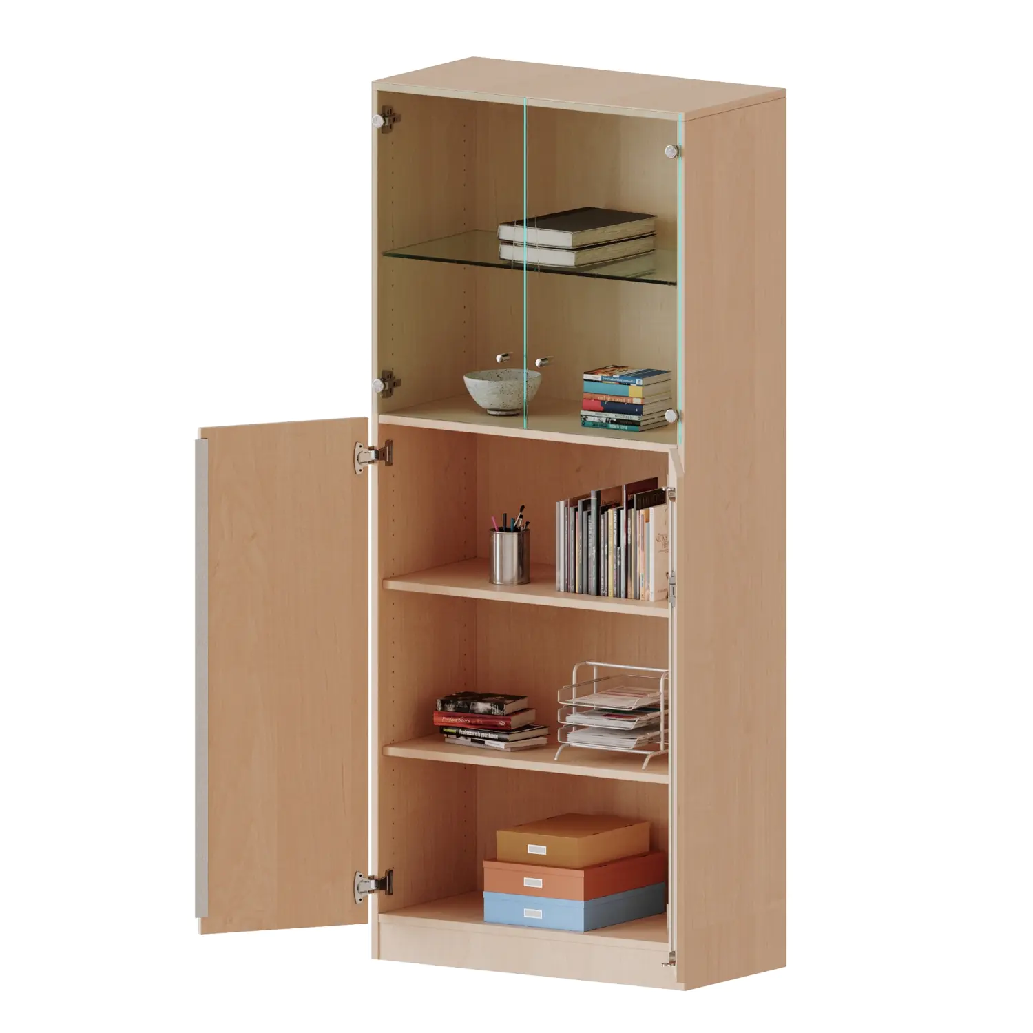 Schrank, 5 OH, Türen unten (3OH), oben 2 Vitrinentüren 2 Türen, abschließbar, B/H/T 120x190x40cm aus der Kategorie Schränke allgemein