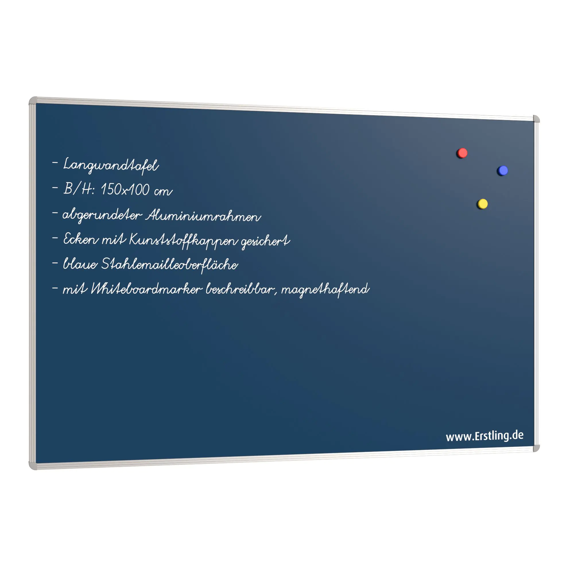 Wandtafel Stahlemaille blau, 150x100 cm, ohne Kreideablage, aus der Kategorie Wandtafeln Blau