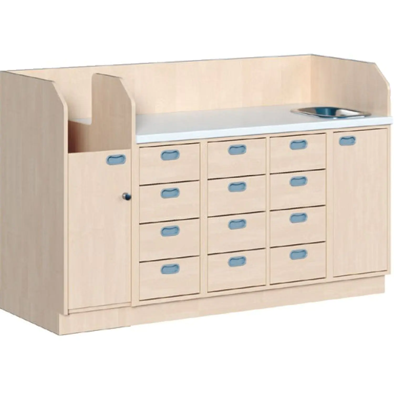 Wickelkommoden mit fester Anstelltreppe links, 12 Dekorschüben aus der Kategorie Wickeltische