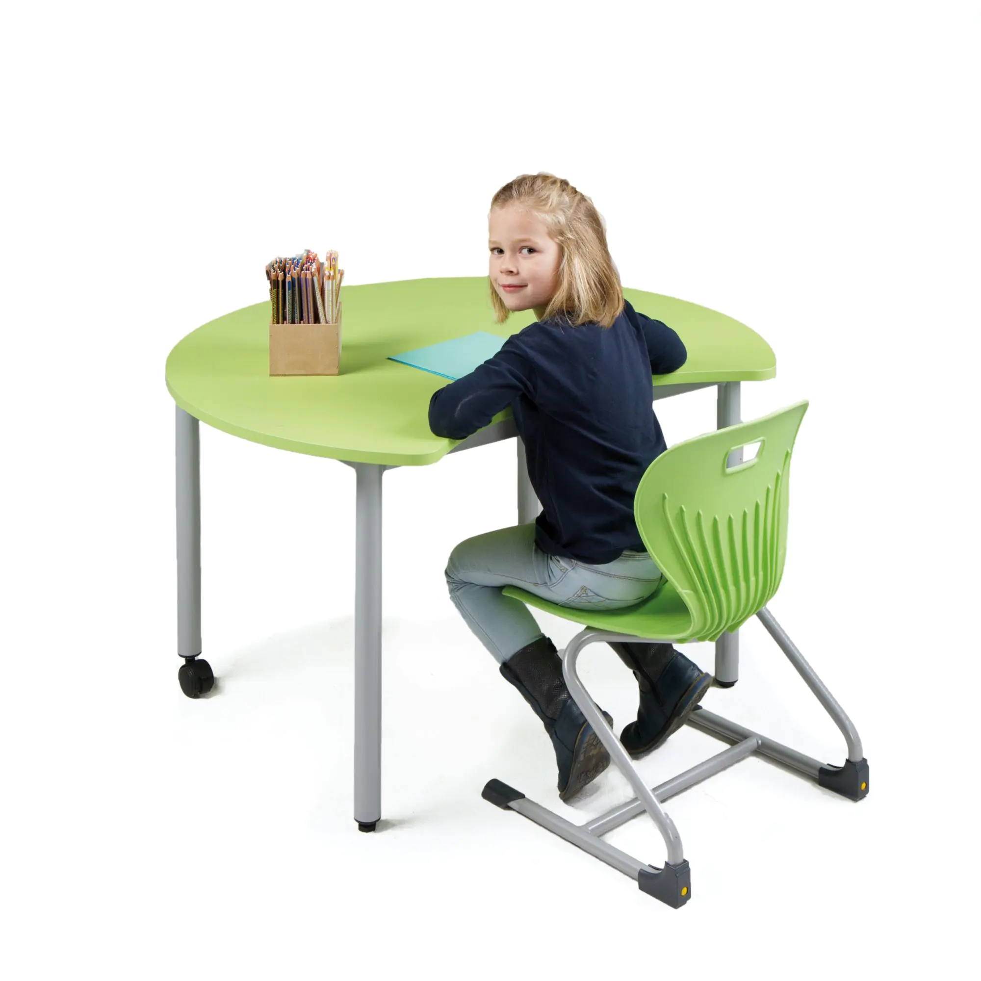 Runder Tisch mit Körperausschnitt, 100 cm Durchmesser, 72 cm hoch, fahrbar, aus der Kategorie Rundtische