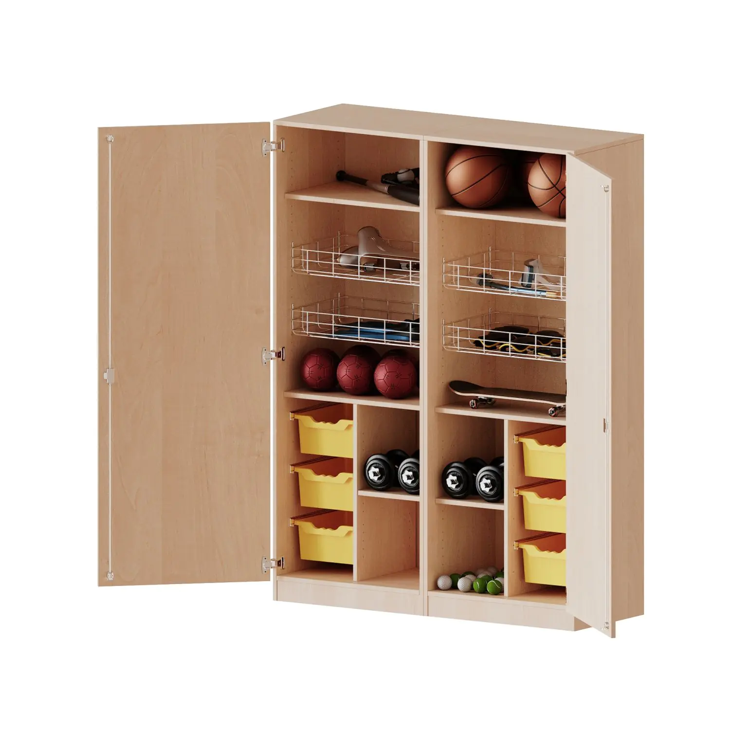 Sportschrank, 5 OH, 4 Ballkörbe, Halterungen an den Türen, 6 Boxen, B/H/T 140,6x190x60cm aus der Kategorie Fachbereichsschränke