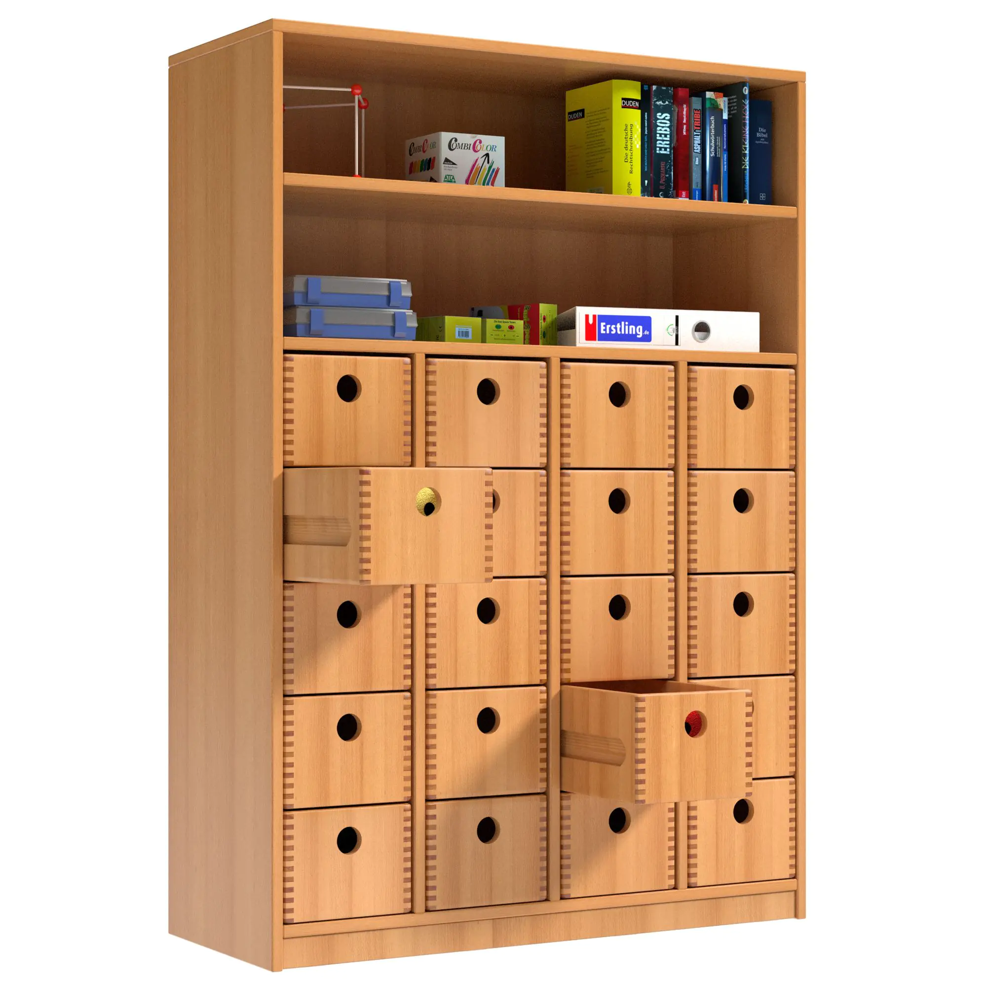 Schrank mit 20 Massivholzkästen, 144 cm hoch, 100x40 cm (B/T), Regalaufsatz aus der Kategorie -Schränke mit Massivholzkästen