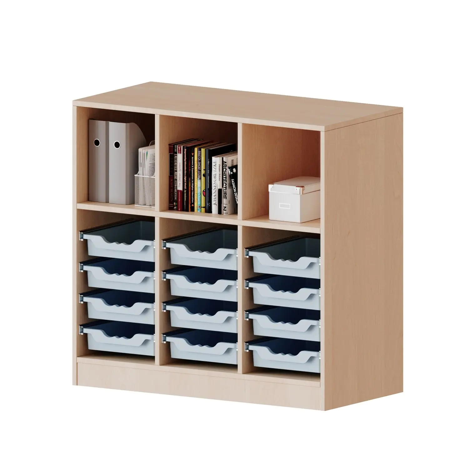 ErgoTray Regal, 3reihig, 2,5 OH, fahrbar, oben 3 Fächer, unten 12 flache Boxen, B/H/T 104,5x100x40cm aus der Kategorie Regale