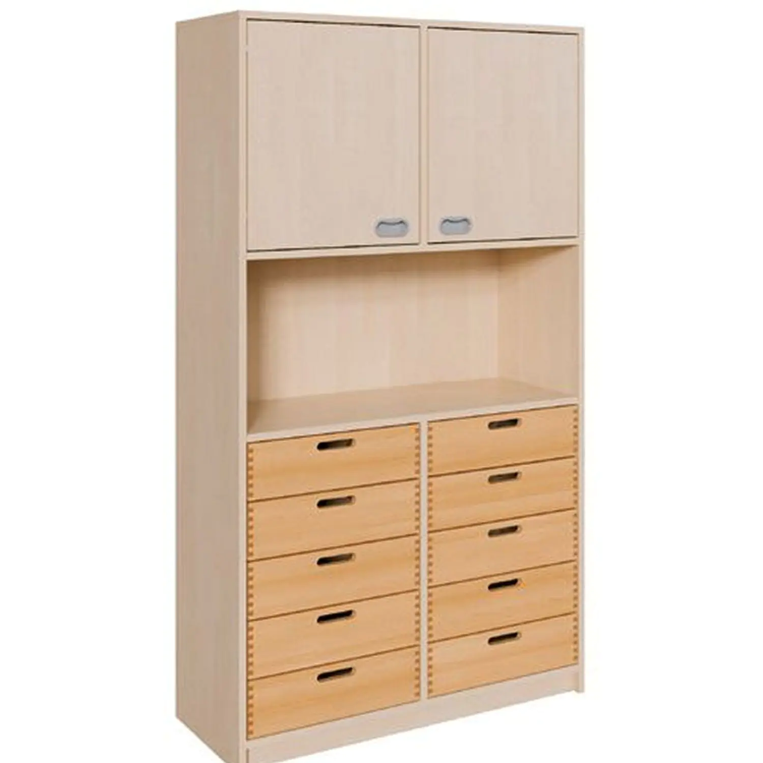 Schränke mit Mittelwand, 10 Massivholzschüben, 180cm hoch aus der Kategorie Regale mit Materialkästen