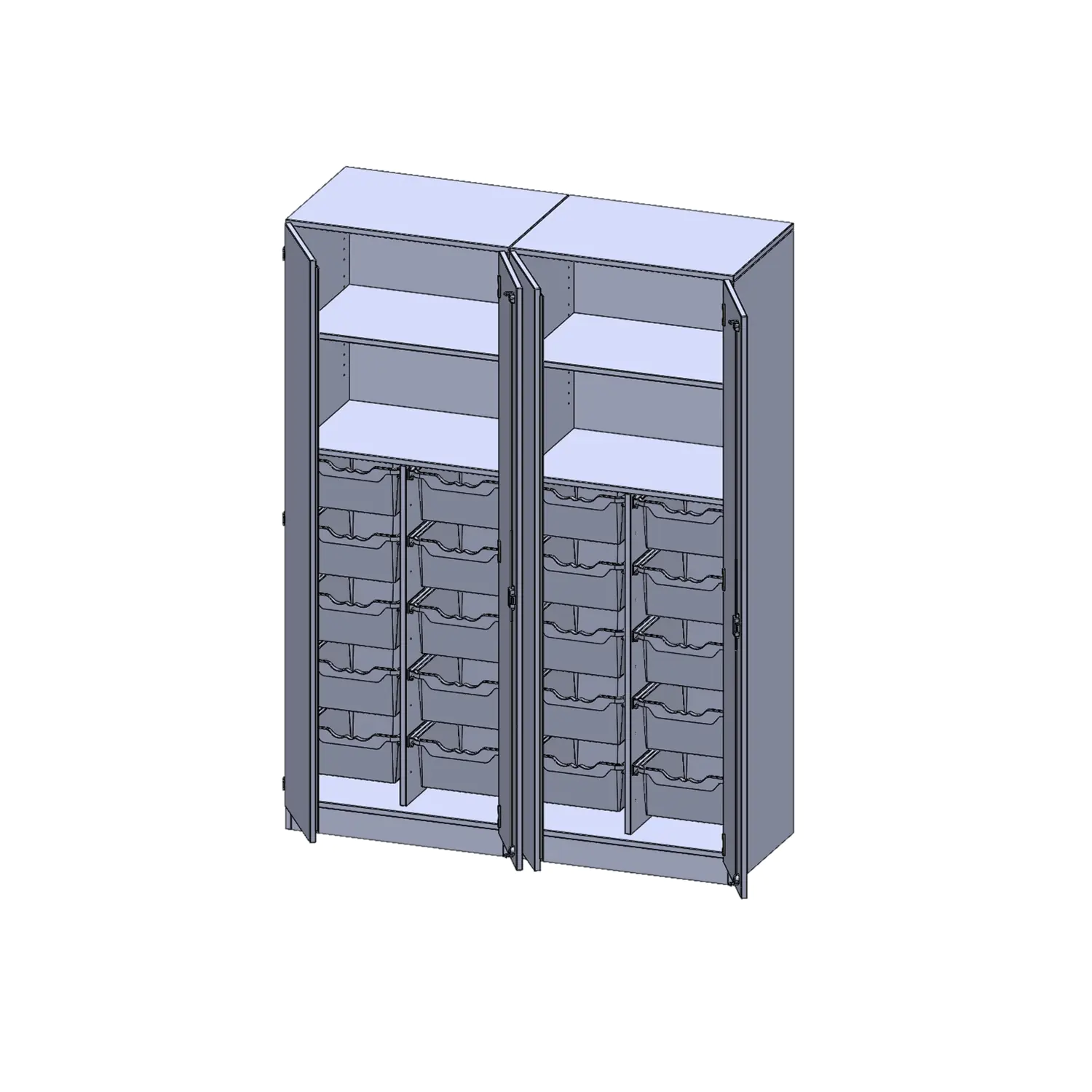 ErgoTray Schrank, zweiteilig, 4reihig, viertürig, zweiteilig, 20 hohe Boxen, B/H/T 140,6x190x50cm aus der Kategorie Klassen- und Schulschränke