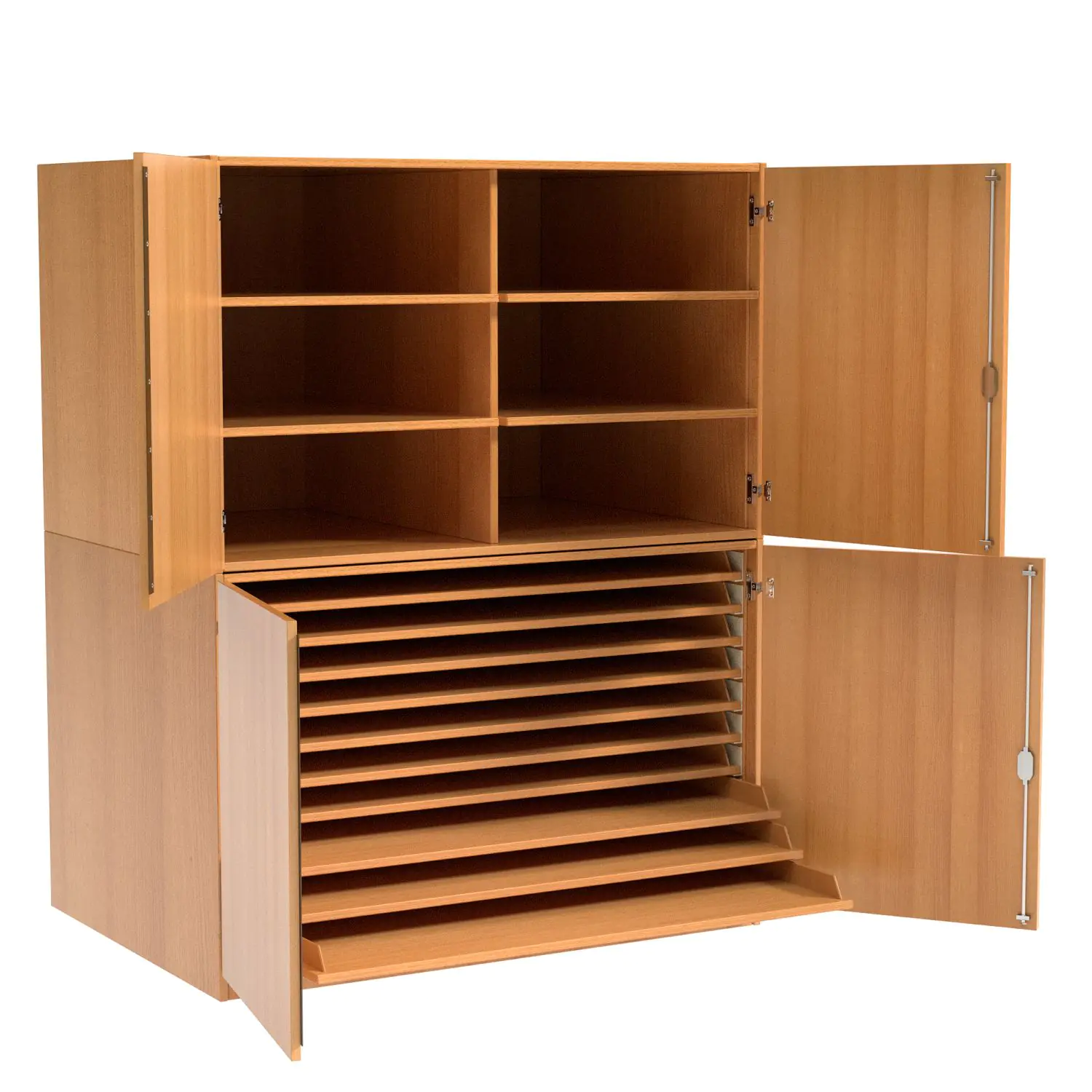 Papierschrank 4-türig, 166 cm hoch, 111x81 cm (B/T), 10 Züge unten,  oben mit MW, 4 verstellbare  aus der Kategorie Papierschränke