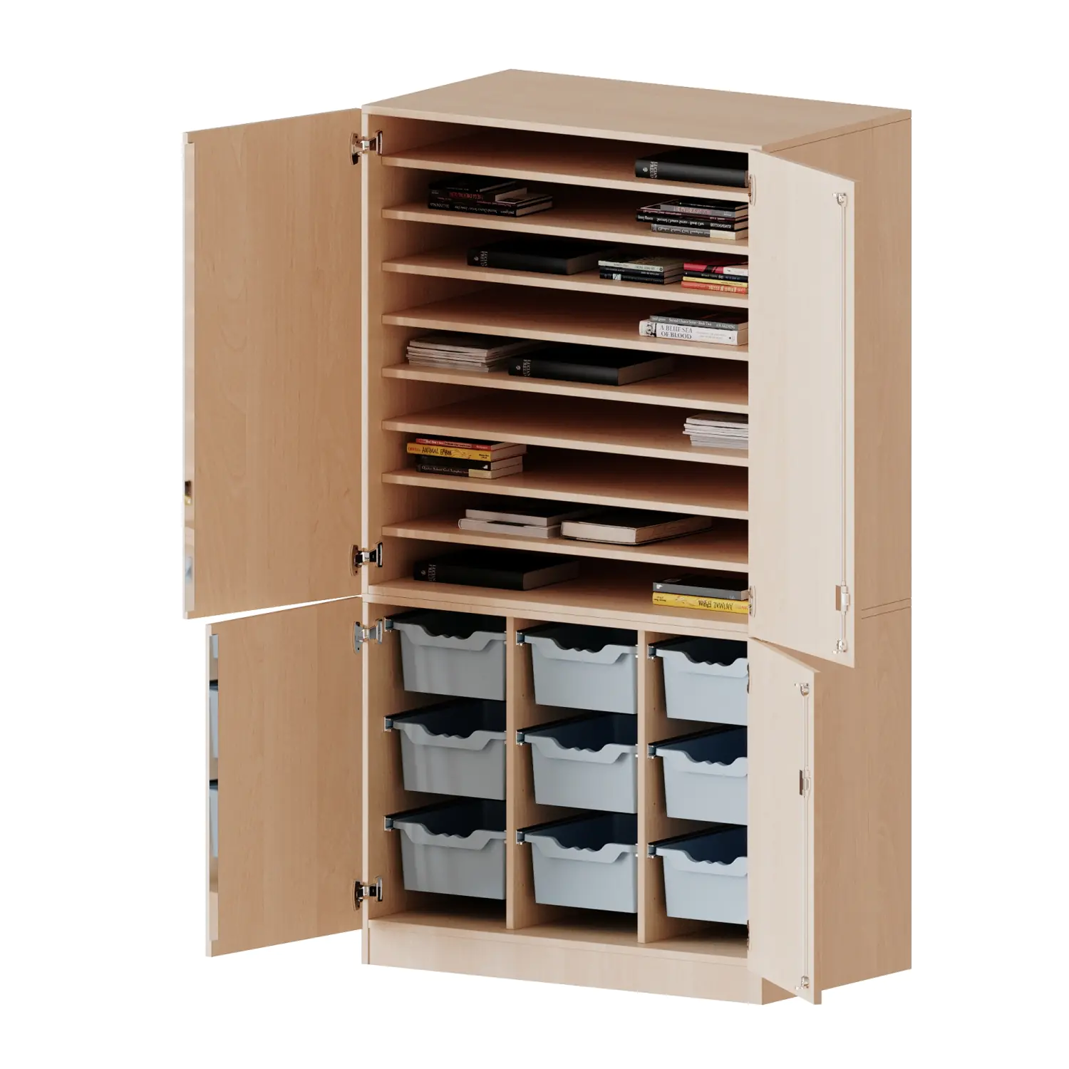 Bastelschrank, 5 OH, 4-türiger Schrank mit 9 hohen Boxen, zweiteilig, B/H/T 104,5x190x60cm aus der Kategorie Funktionale Tische