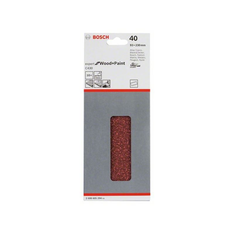 Bosch Schleifblatt C430, 93 x 230 mm, 40, 8 Löcher, gespannt, 10er-Pack #2608605294