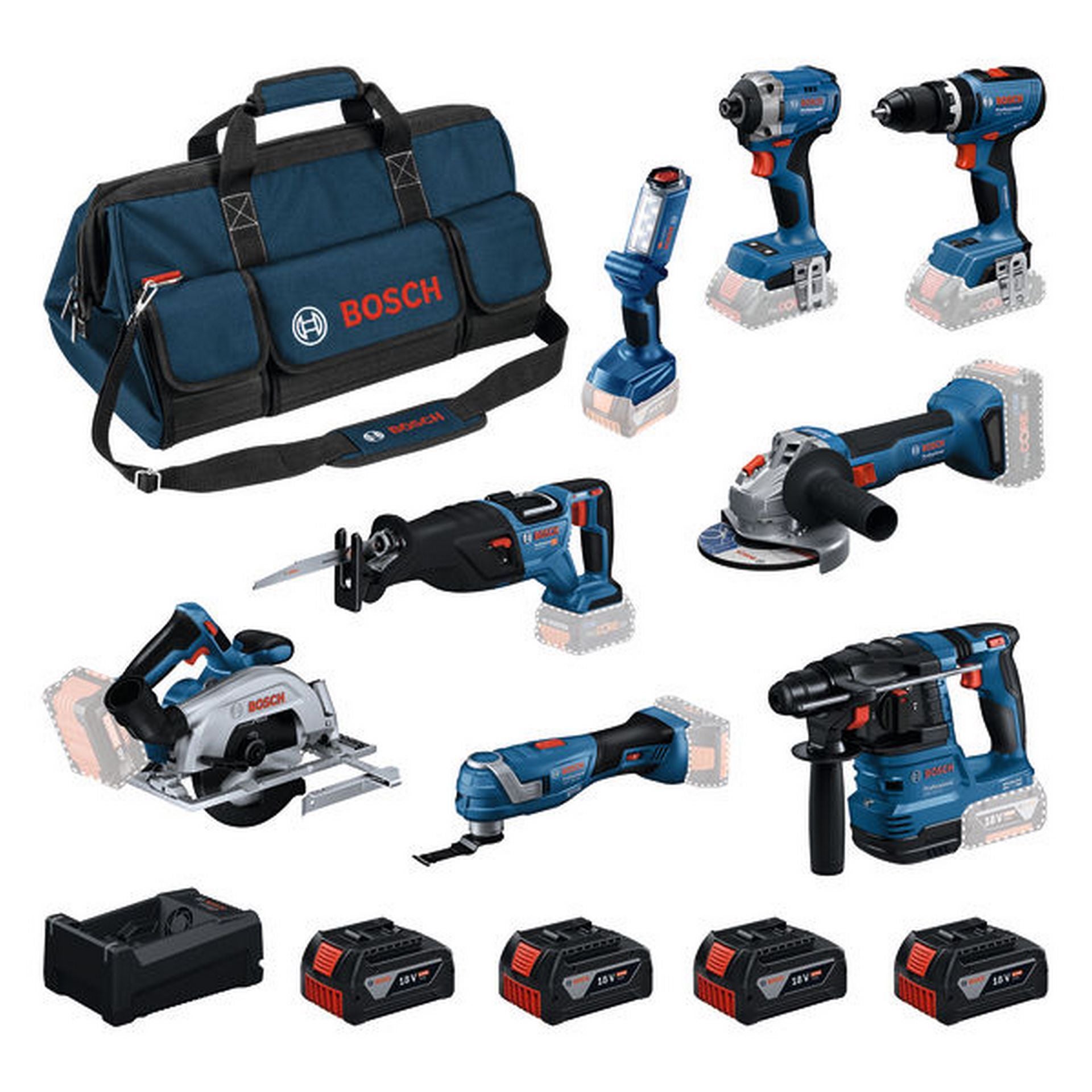 Bosch Combo Kit Set: GSB + GDR + GBH + GWS + GKS + GSA + GOP + GLI + 4x GBA 18V 5.0Ah #0615V00061