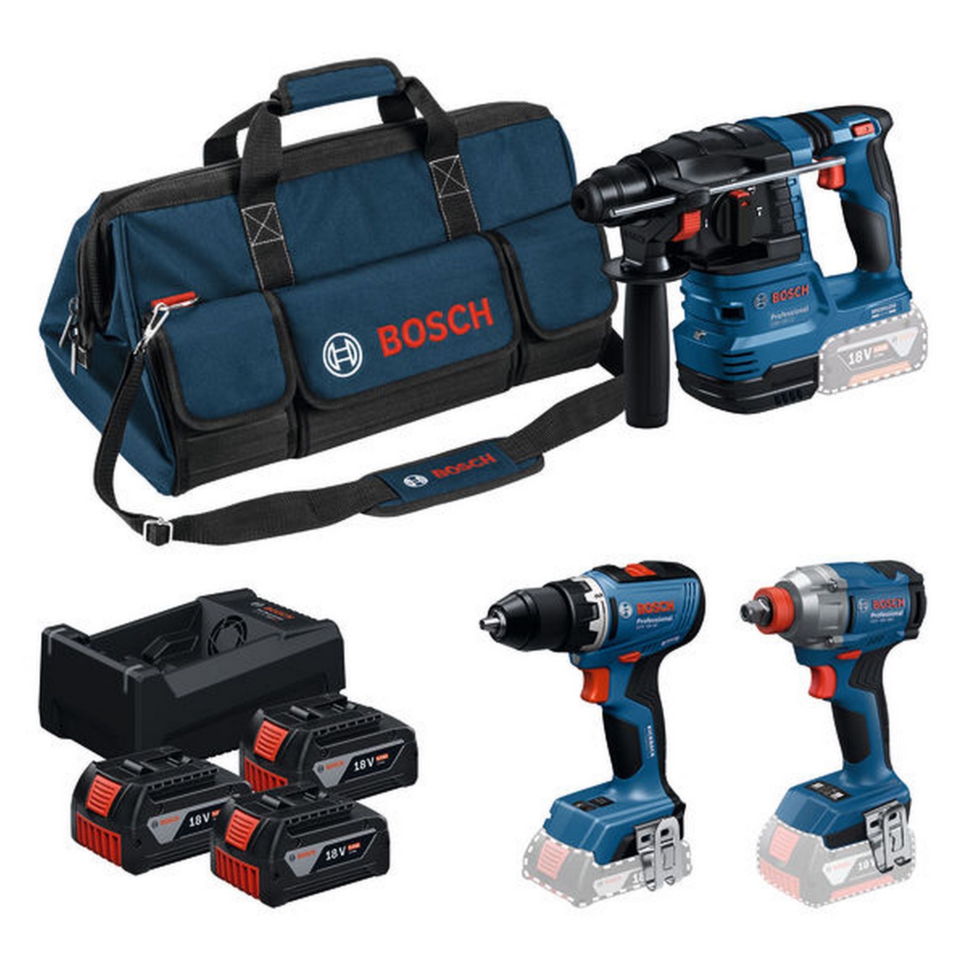 Bosch Combo Kit 18V-Set mit 3 Werkzeugen: GSR + GDX + GBH + 3x5.0Ah + GAL 12V/18V-80 #0615A50093