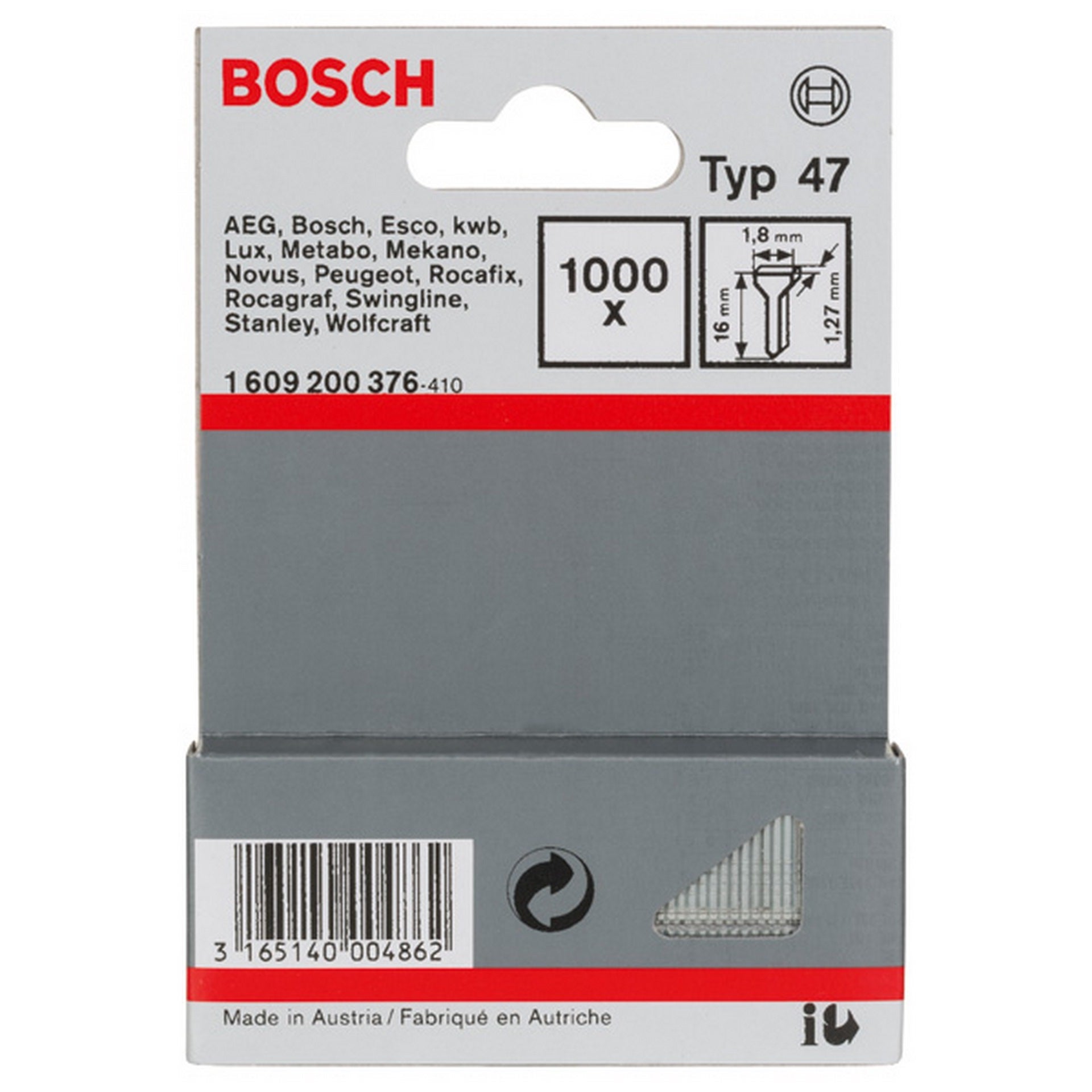 Bosch Tackernagel Typ 47, 1,8 x 1,27 x 16 mm, 1000er-Pack #1609200376